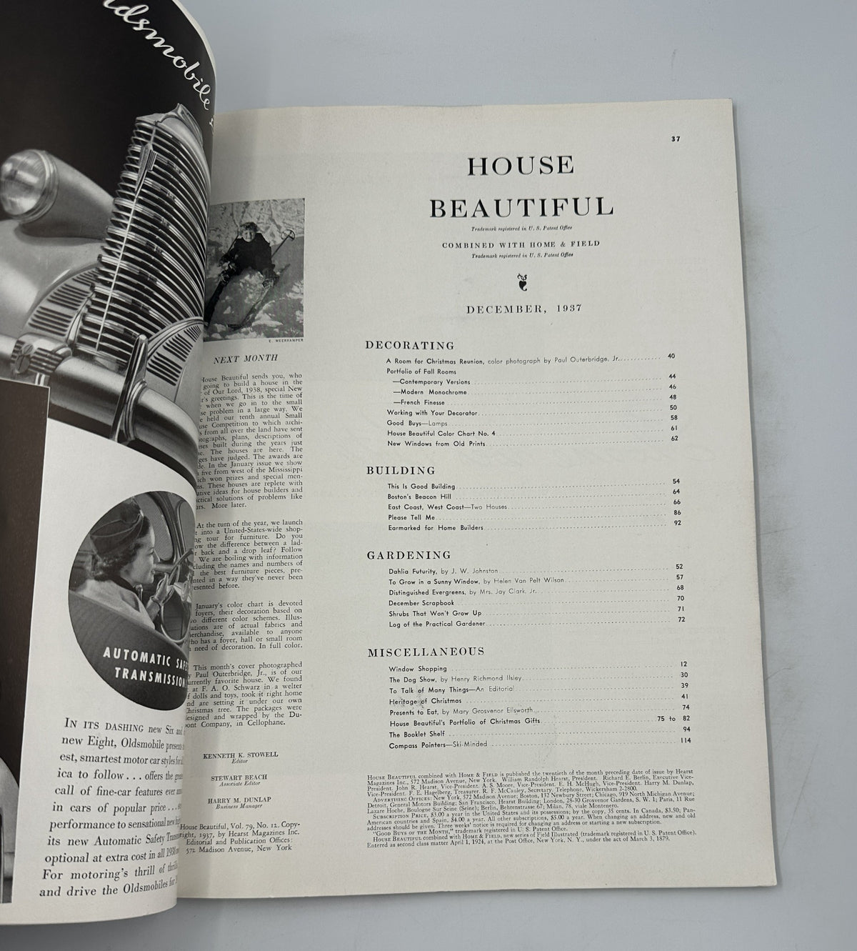 Table of Contents from House Beautiful Magazine, December 1937, detailing sections on decorating, building, gardening, and more, highlighting Christmas design inspiration.