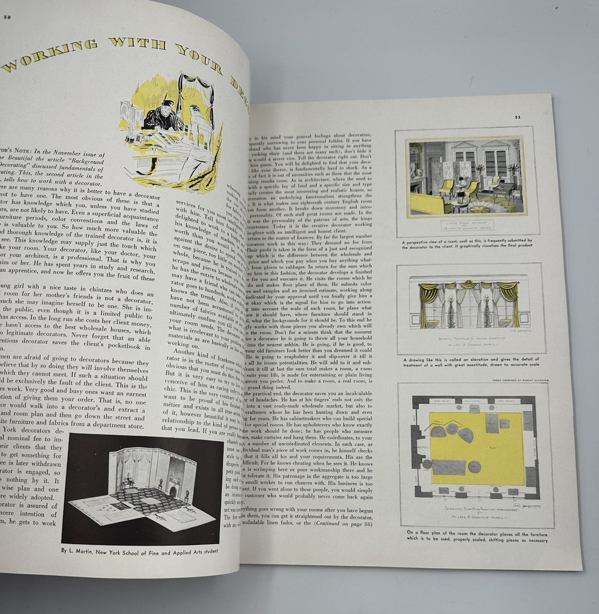 Article page from House Beautiful Magazine, December 1937, discussing collaboration with decorators and providing layout plans, ideal for Christmas decorating.