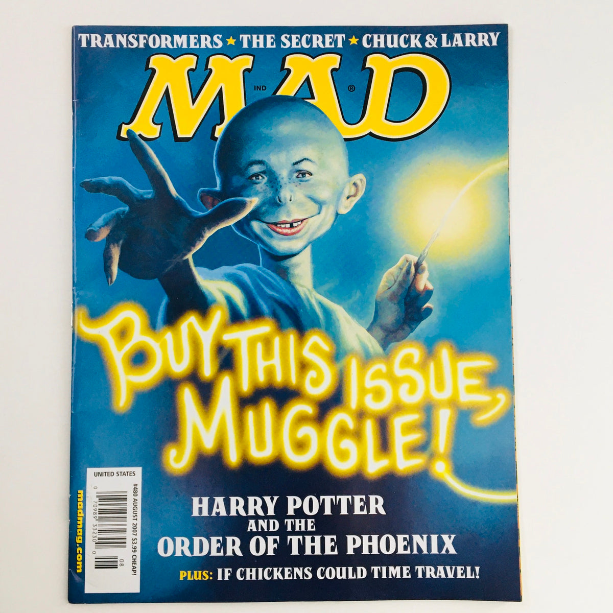 Mad Magazine August 2007 No. 480 featuring Harry Potter Order of the Phoenix on the cover, with a humorous depiction of a character holding a wand and text saying 'Buy This Issue, Muggle!'.