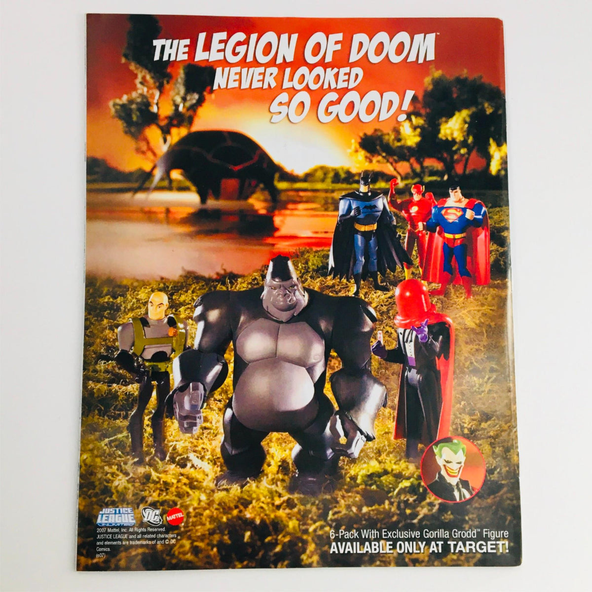 Target exclusive advertisement for The Legion of Doom with a 6-pack of figures featuring iconic superheroes and villains.
