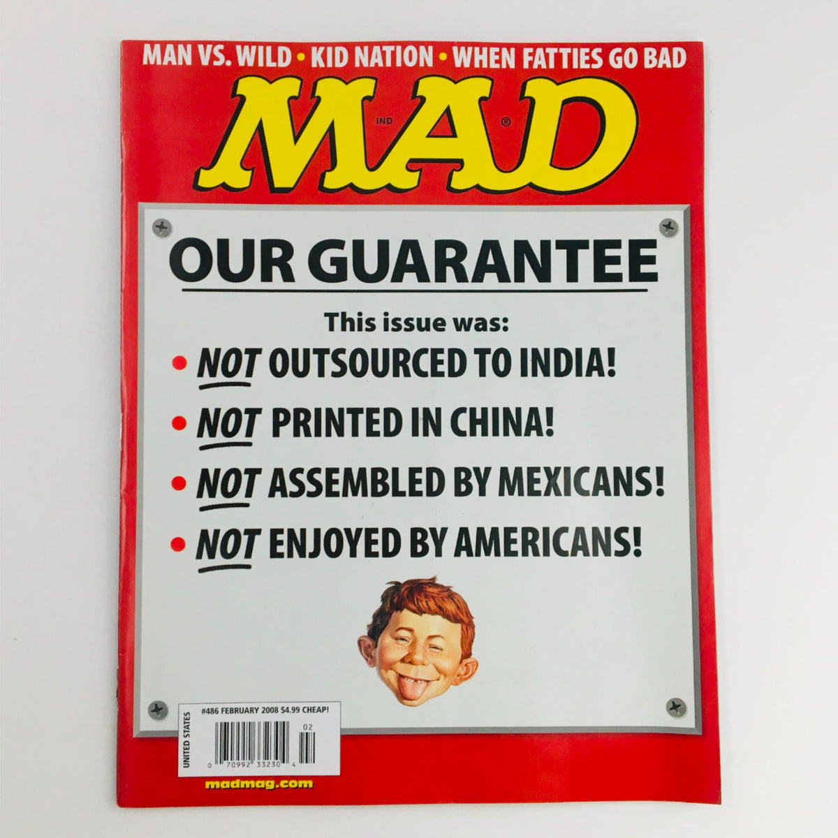 Mad Magazine February 2008 No. 486 Our Guarantee Red Cover featuring humorous satirical elements and pop culture commentary.