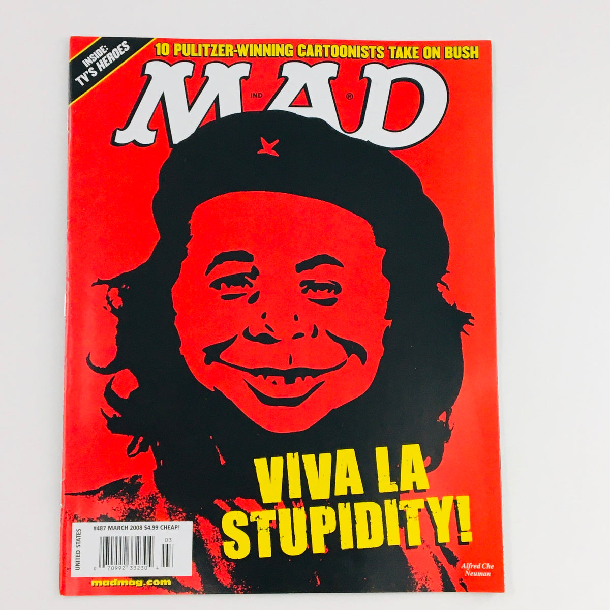 Mad Magazine March 2008 No. 487 Viva La Stupidity cover featuring a bold illustration of a character on a red background, representing satire and humor in pop culture.