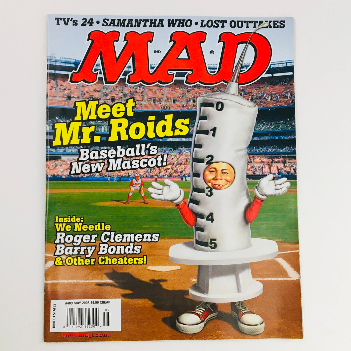 Mad Magazine May 2008 No. 489 'Meet Mr. Roids' cover featuring a humorous character in a syringe costume, symbolizing baseball and fitness culture satire.