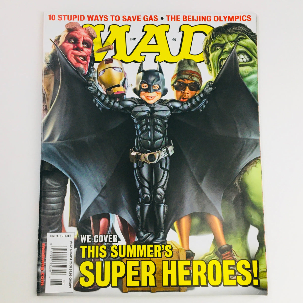Cover of Mad Magazine August 2008 No. 492 featuring superheroes with a humorous twist, titled The Summer's Super Heroes.