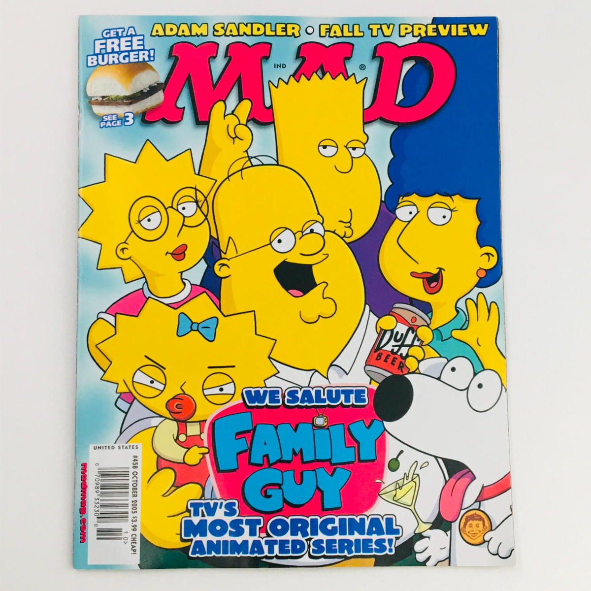 Cover of Mad Magazine October 2005 No. 458 featuring a colorful depiction of characters and the tagline 'We Salute Family Guy - TV's Most Original Animated Series'.