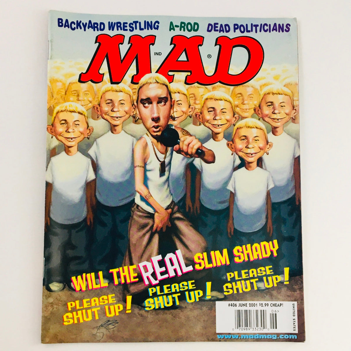 Mad Magazine June 2004 No. 406 cover featuring a cartoon of Eminem surrounded by children with blonde hair, highlighting the iconic 'Real Slim Shady' theme in a humorous satirical style.