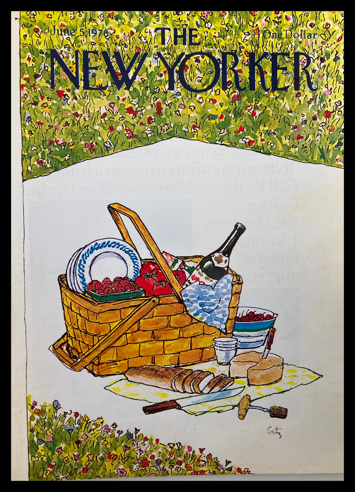 Cover of The New Yorker dated June 5, 1978, illustrated by Arthur Getz, featuring a picnic scene with a wicker basket filled with fruits, plates, and a bottle, surrounded by a vibrant field of flowers.