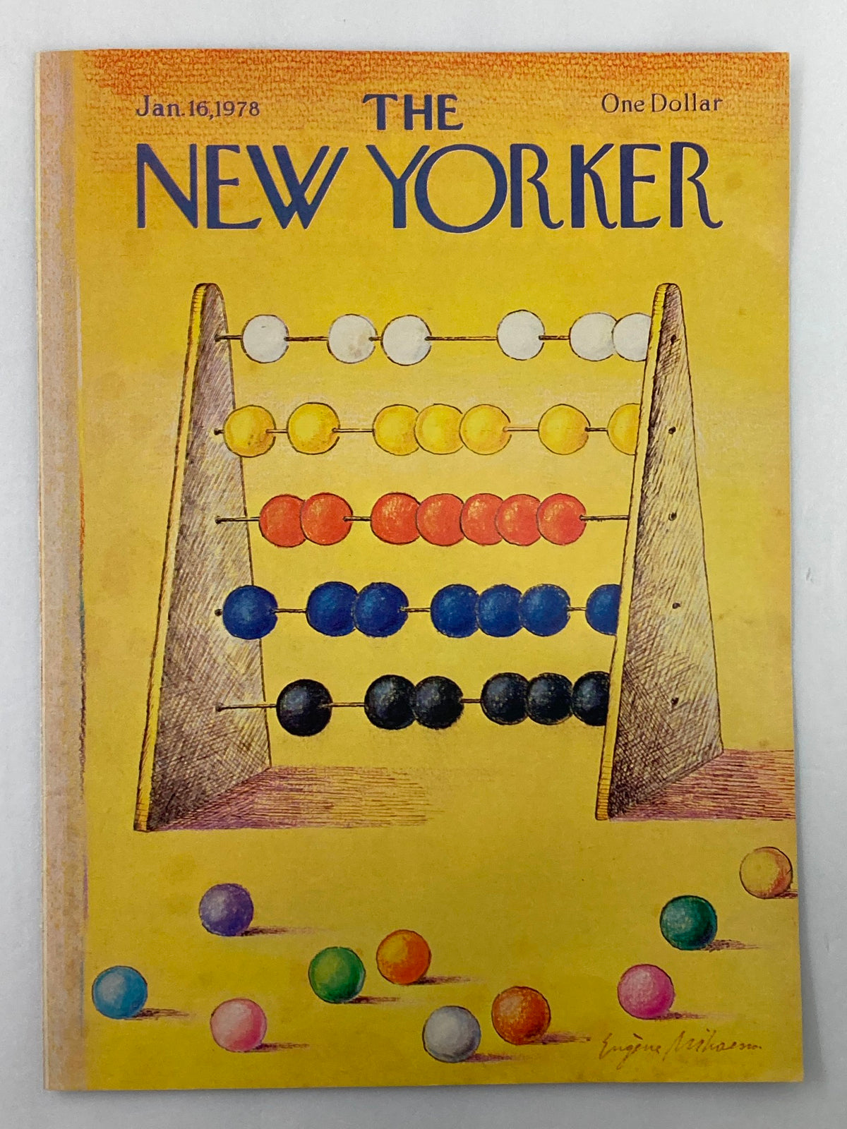 The New Yorker January 16 1978 cover showcasing an abacus design with vibrant colored beads, created by Eugene Mihaesco.