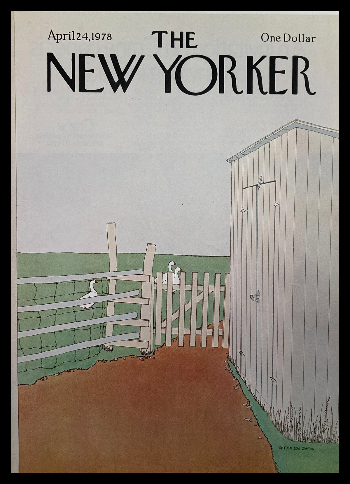COVER ONLY The New Yorker April 24, 1978 featuring 'Goose Farm' by Gretchen Simpson. The artwork showcases a whimsical farm scene with a fence, a shed, and geese, depicting the charm of rural life.