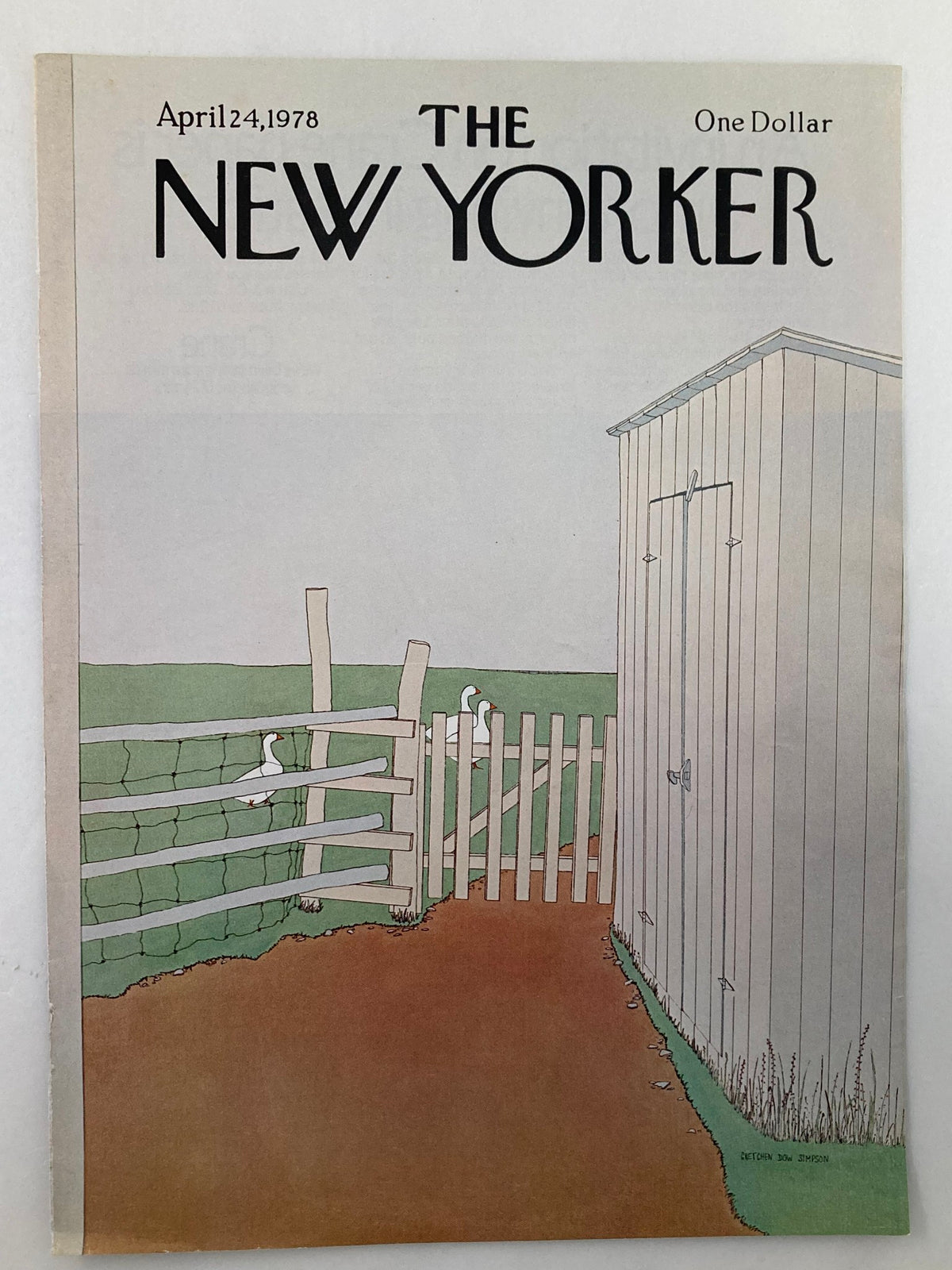 COVER ONLY The New Yorker April 24, 1978 with 'Goose Farm' by Gretchen Simpson. This illustration presents a playful farm landscape featuring a gate, geese, and an old shed, capturing the essence of 1970s artistry.