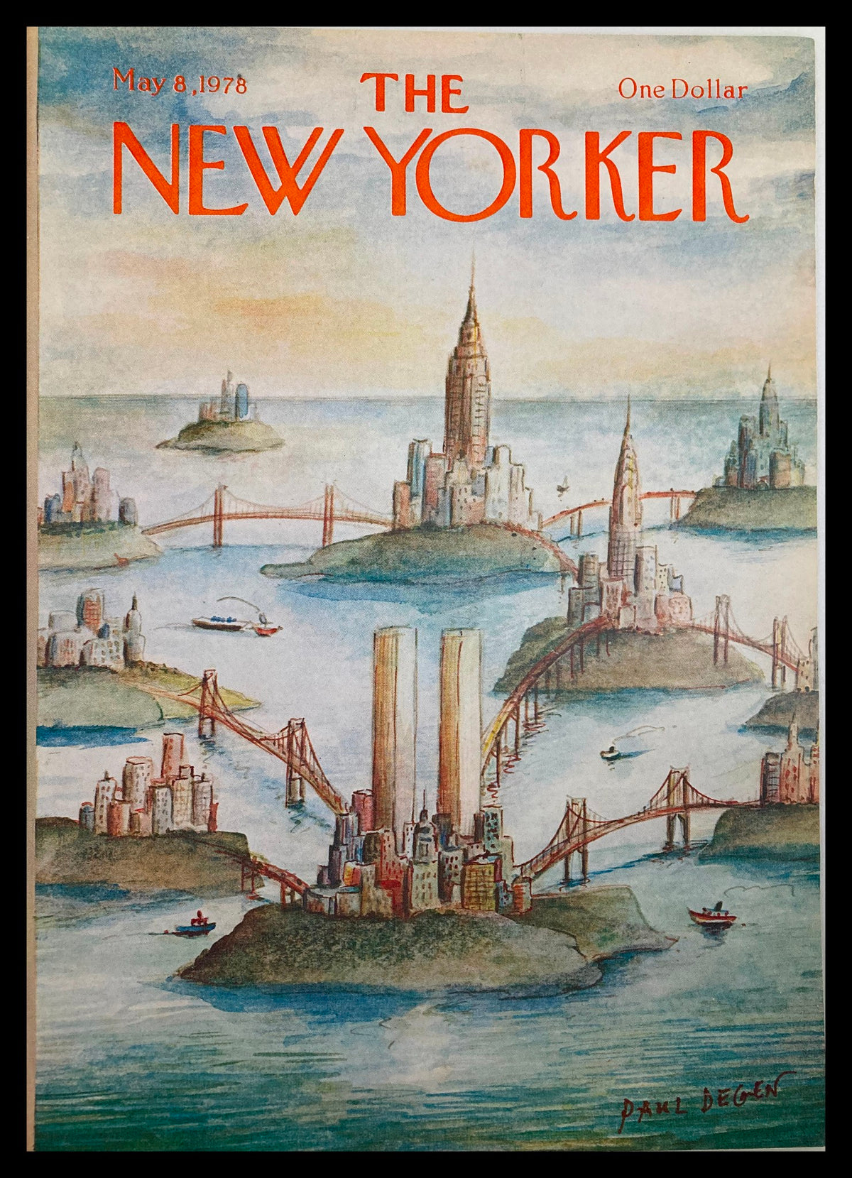 Cover of The New Yorker dated May 8, 1978, titled 'Bridges' by Paul Degen, featuring artistic depiction of New York City with iconic bridges and skyscrapers.