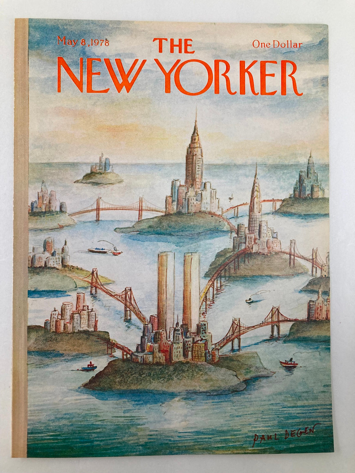 Cover of The New Yorker dated May 8, 1978, titled 'Bridges' by Paul Degen, showcasing a watercolor illustration of New York's skyline and bridges amid a serene water background.