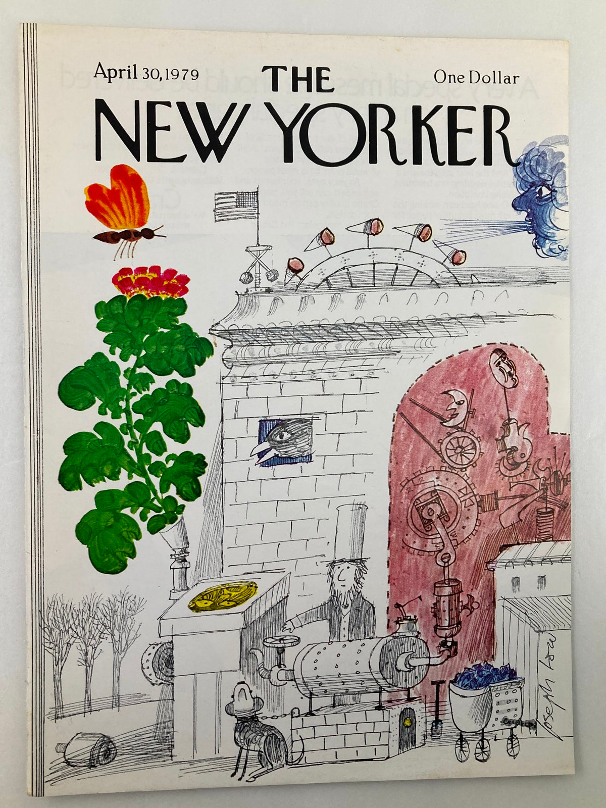 COVER ONLY The New Yorker April 30 1979 Inventions by Joseph Low, featuring a colorful illustration of a butterfly, flowers, and whimsical inventions, showcasing the artistic style of the late 1970s.