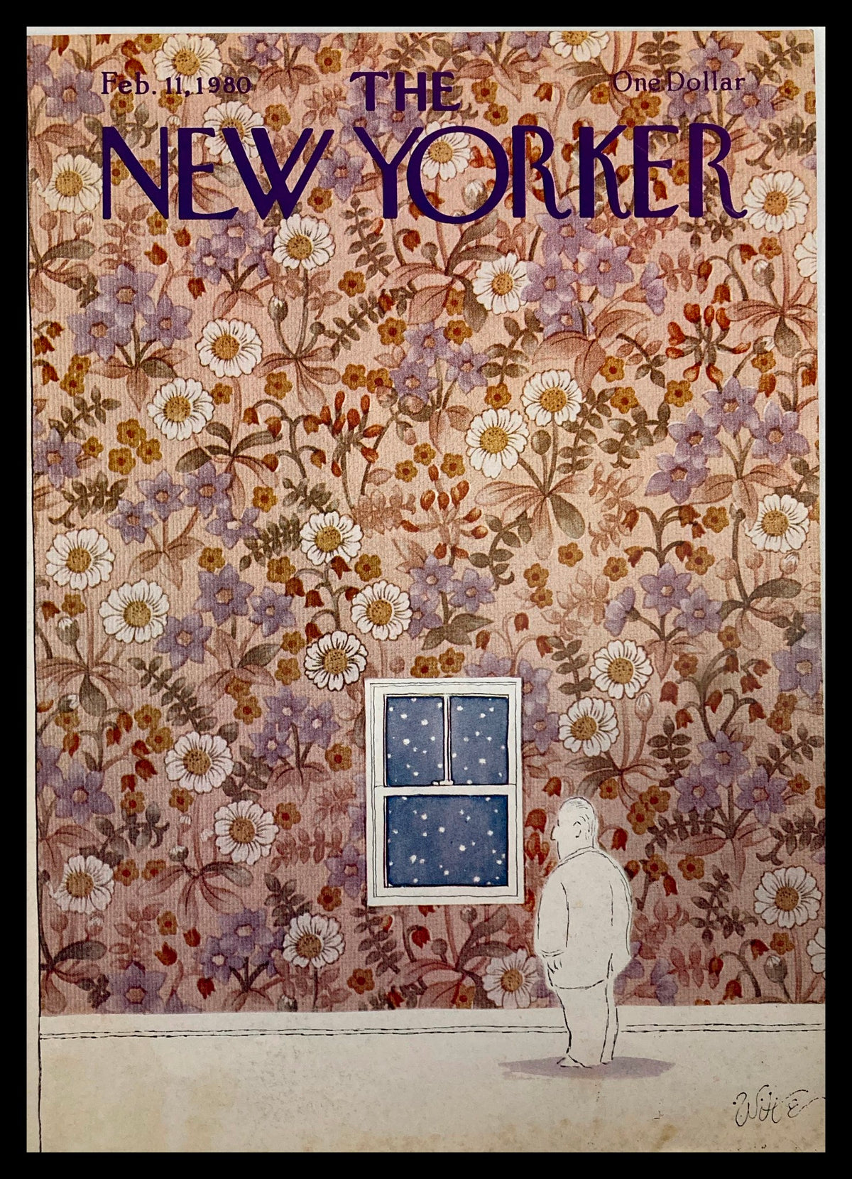 The New Yorker cover from February 11, 1980, featuring the Flower Wall illustration by Michael Witte, depicting a whimsical floral wall with a window, showcasing classic magazine art.