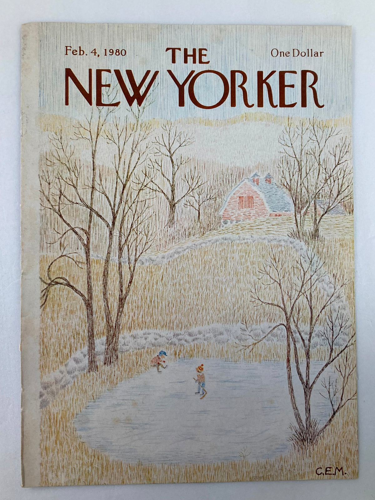 Cover of The New Yorker dated February 14, 1980, with the artwork 'Ice Pond' by Charles E. Martin, depicting a serene winter scene of kids skating on ice surrounded by bare trees and a small cabin.
