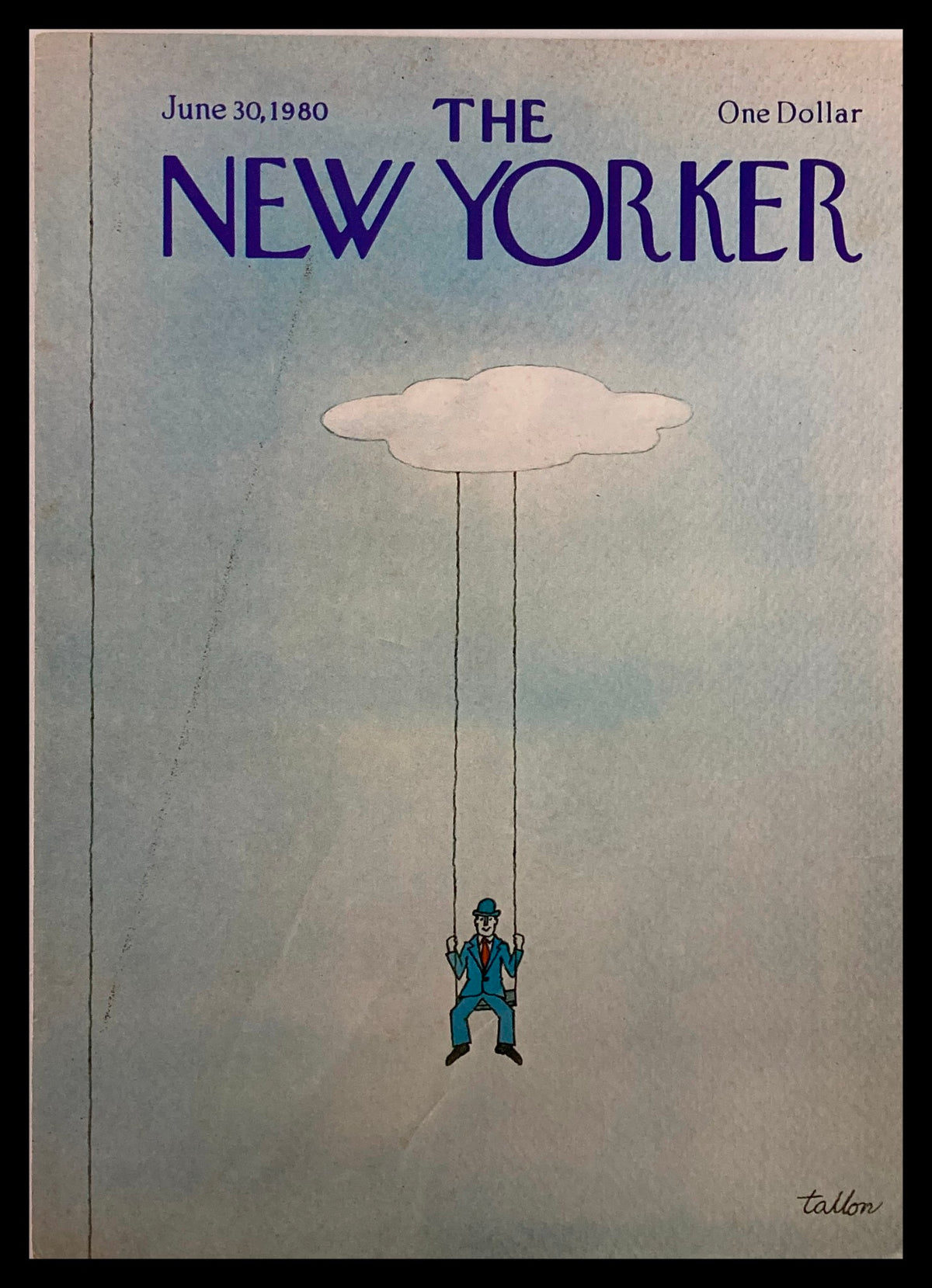 The New Yorker June 30 1980 cover featuring the illustration "Cloud Swing" by Robert Tallon, depicting a man in a blue suit swinging from a cloud against a light blue sky.