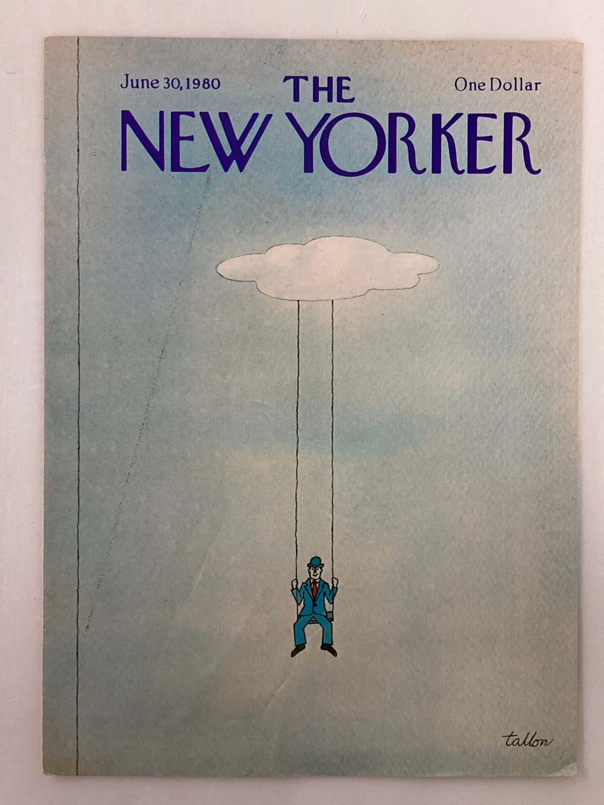 The New Yorker June 30 1980 cover showcasing the artwork "Cloud Swing" by Robert Tallon, illustrating a whimsical scene of a man in a blue suit swinging from a cloud, with the magazine title prominently displayed.