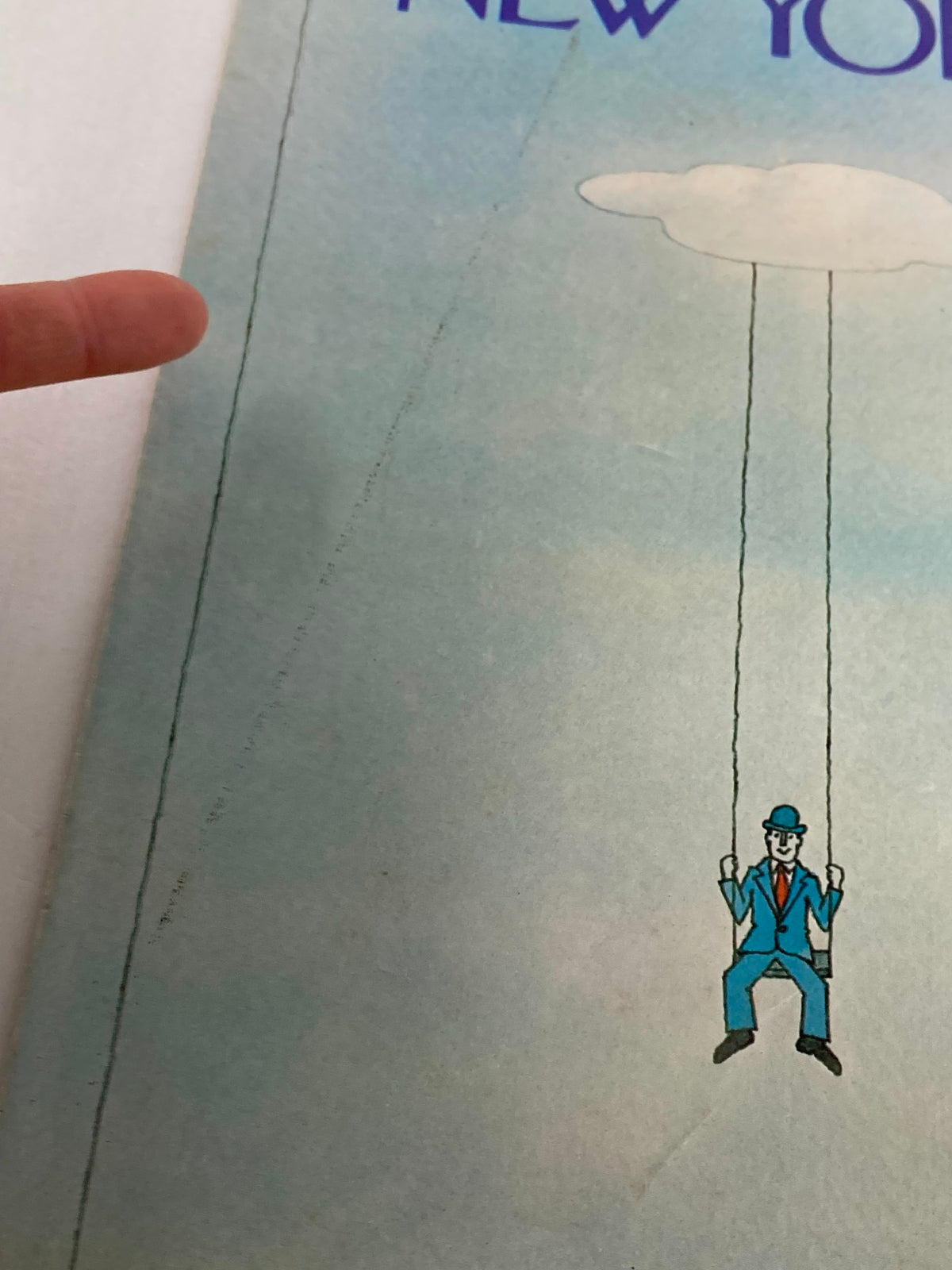 Close-up view of The New Yorker June 30 1980 cover, featuring the art "Cloud Swing" by Robert Tallon, highlighting the details of the illustration where a man in a blue suit hangs from a cloud.