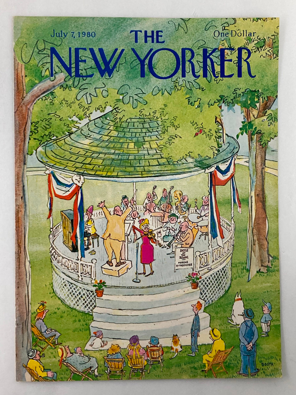 Cover art of The New Yorker dated July 7, 1980, showcasing vibrant artwork titled 'Battle of the Somme' by C. Booth, illustrating a festive scene around a gazebo with a band.
