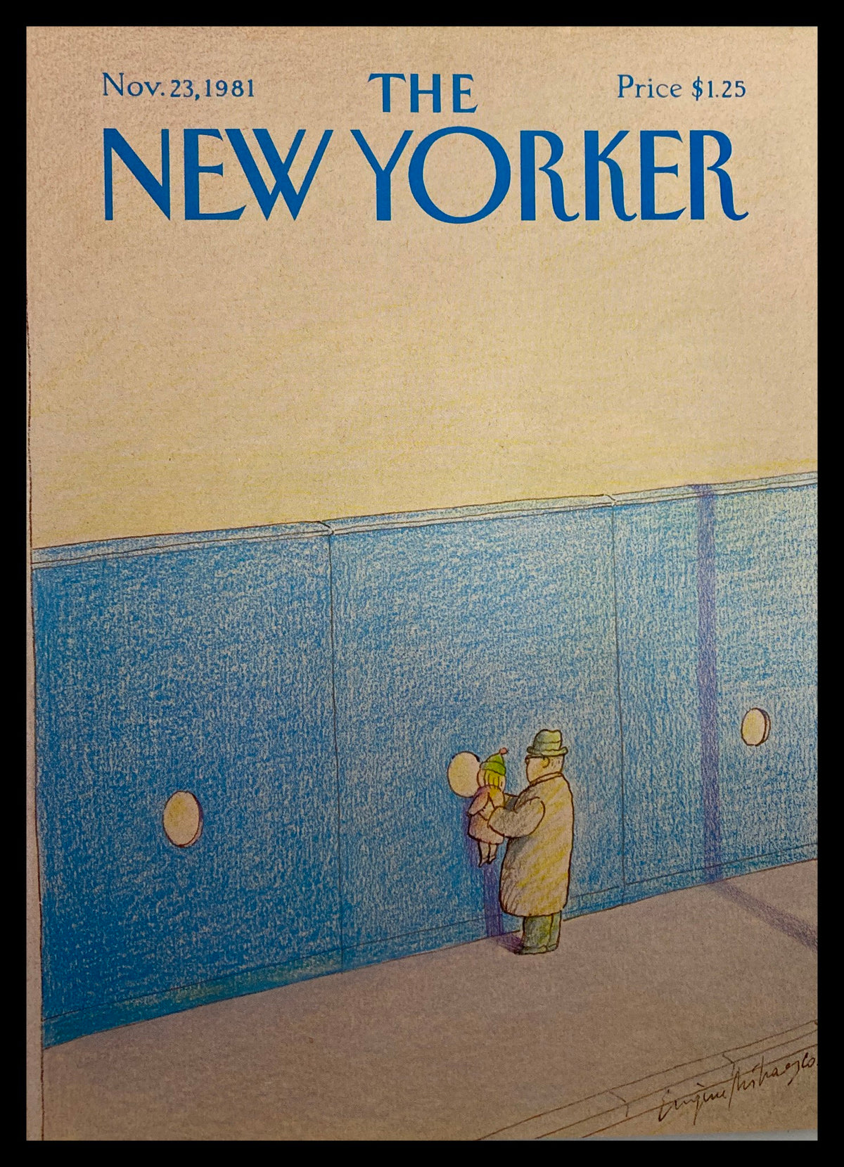 Cover of The New Yorker dated November 23, 1981, featuring a drawing titled 'The Hole' by Eugene Mihaesco. The illustration depicts a man and a child interacting with a wall, showcasing vibrant colors and a retro design.
