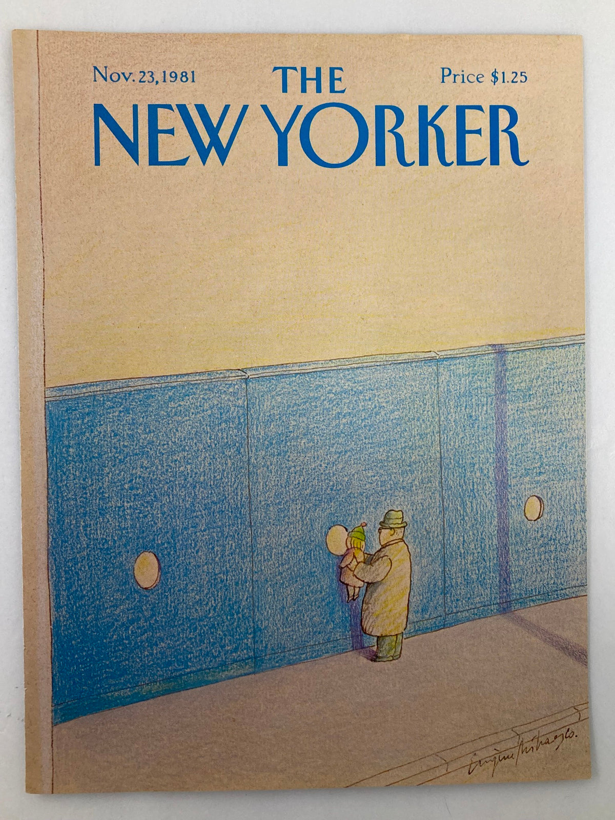 Cover of The New Yorker dated November 23, 1981, titled 'The Hole' by Eugene Mihaesco, featuring a man holding a child against a blue wall with circular openings.
