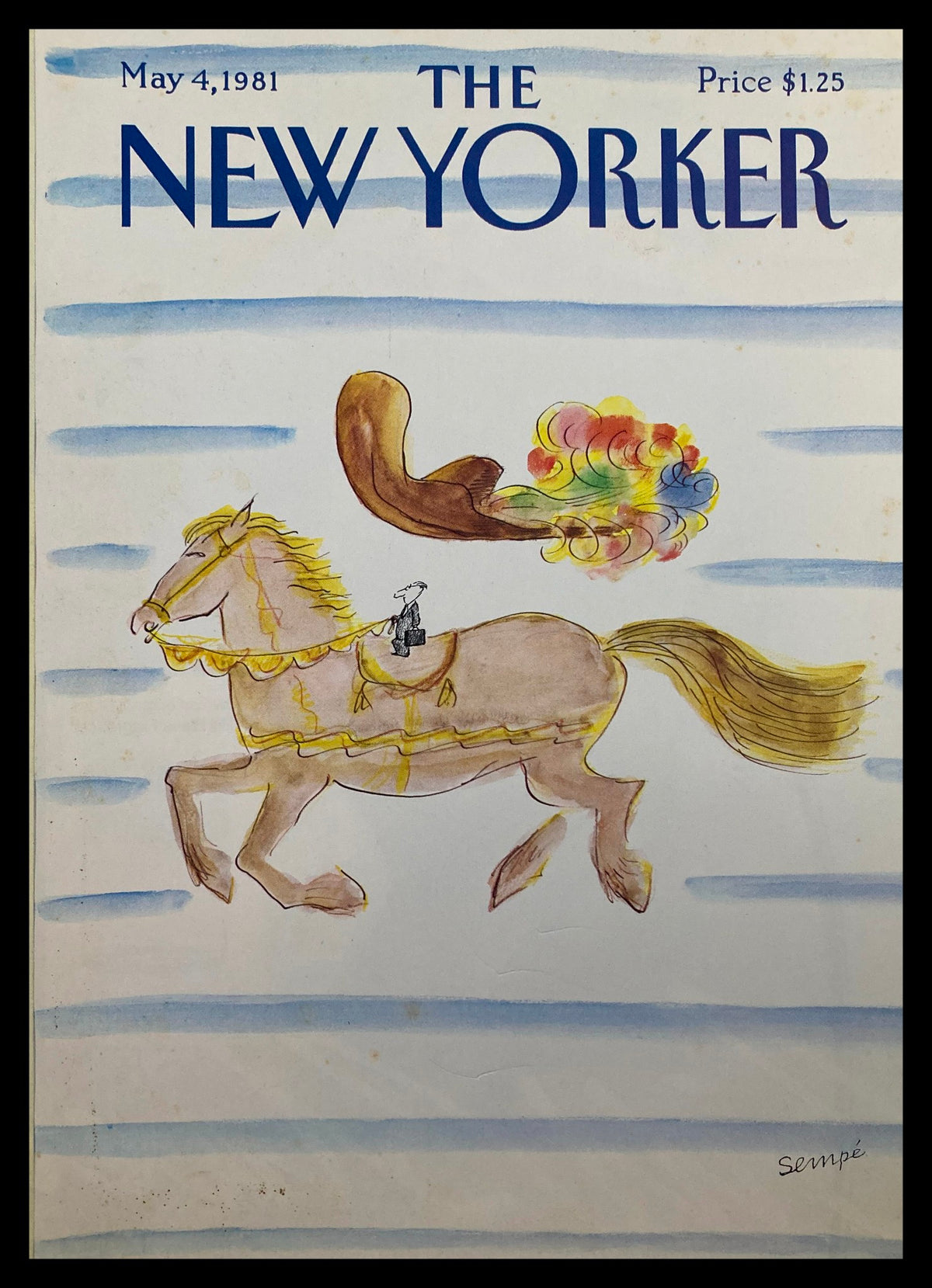 COVER ONLY The New Yorker May 4 1981 Giant Horse by Jean Jacques Sempe, showcasing a whimsical illustration of a giant horse with a rider, against a light blue striped background.