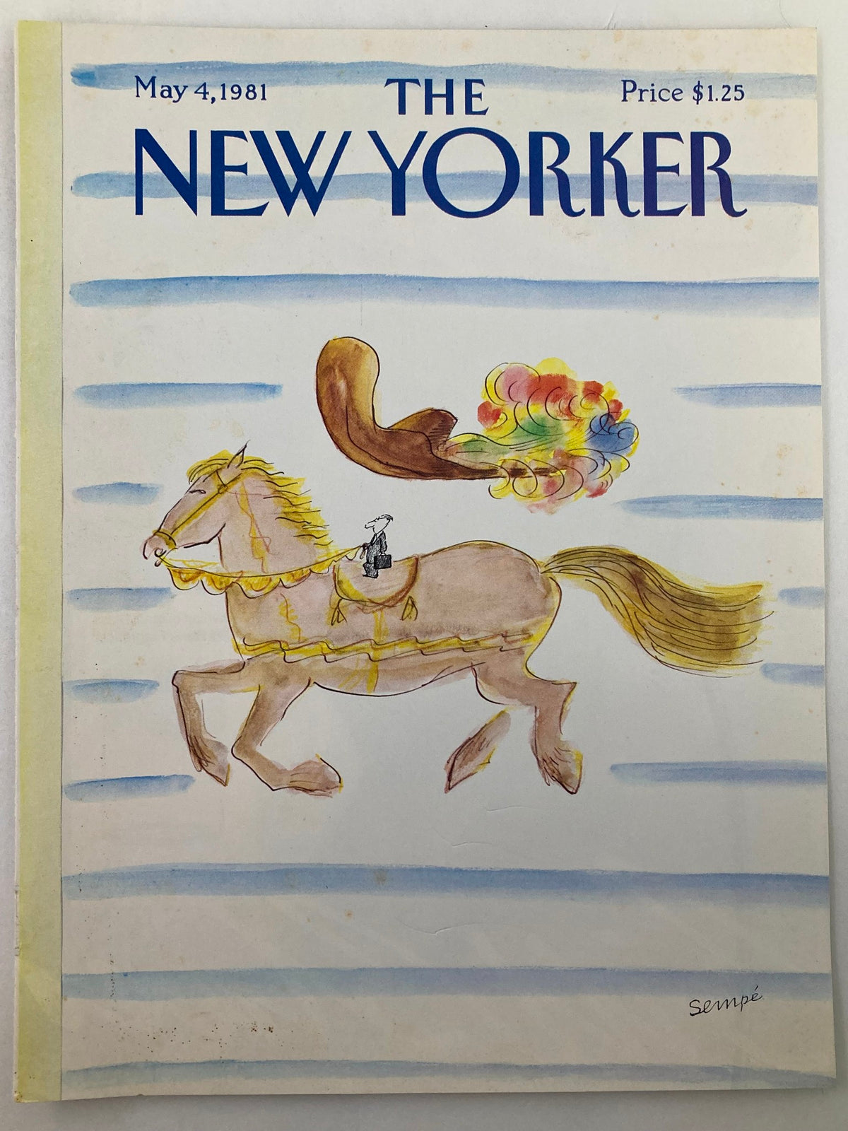 COVER ONLY The New Yorker May 4 1981 Giant Horse by Jean Jacques Sempe, featuring the same whimsical horse illustration with vibrant colors and a cloud-like plume, on a magazine cover.