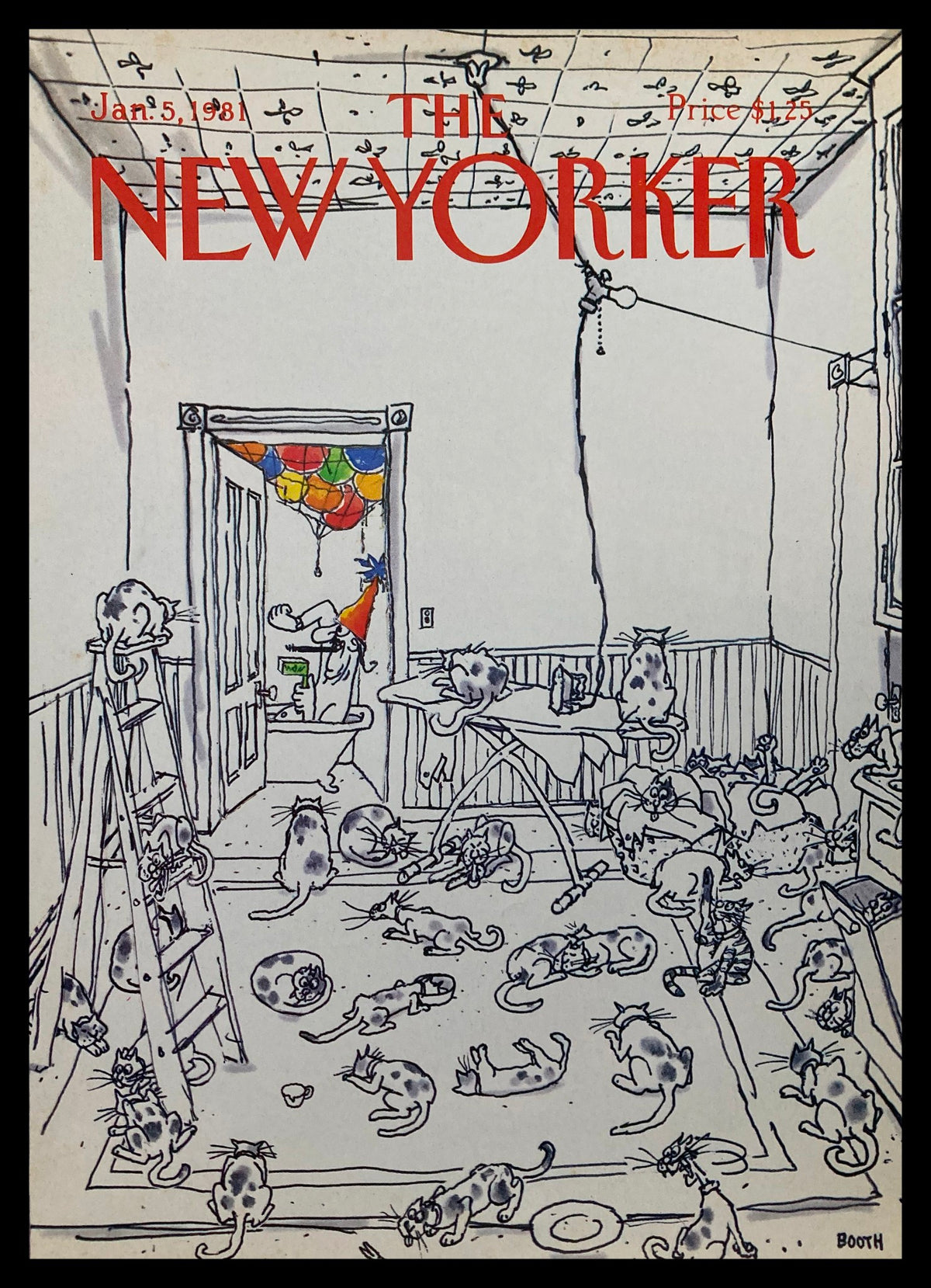 Cover of The New Yorker dated January 5, 1981 featuring whimsical illustration of cats in a cozy room by Charles Booth. Perfect for cat lovers and art enthusiasts.