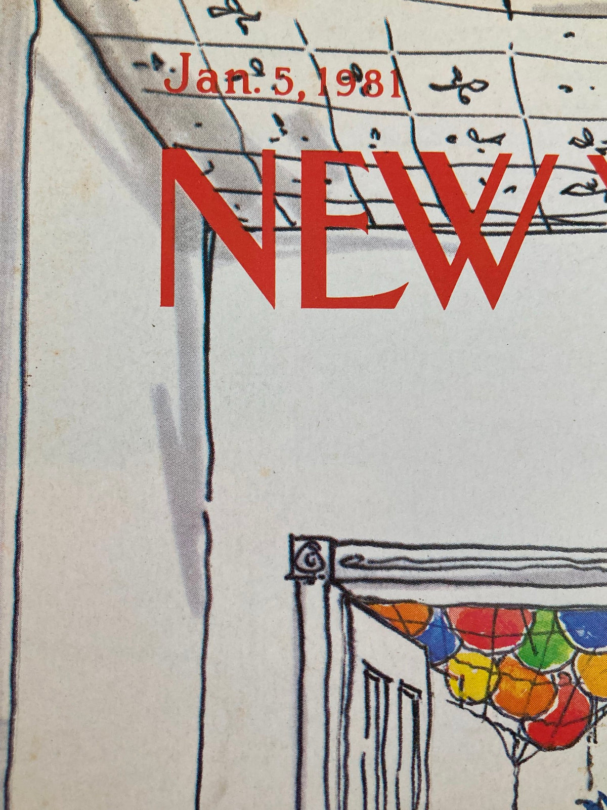 Detail of The New Yorker cover from January 5, 1981, showcasing the title 'NEW' and colorful balloons in a playful cat room illustration by Charles Booth.