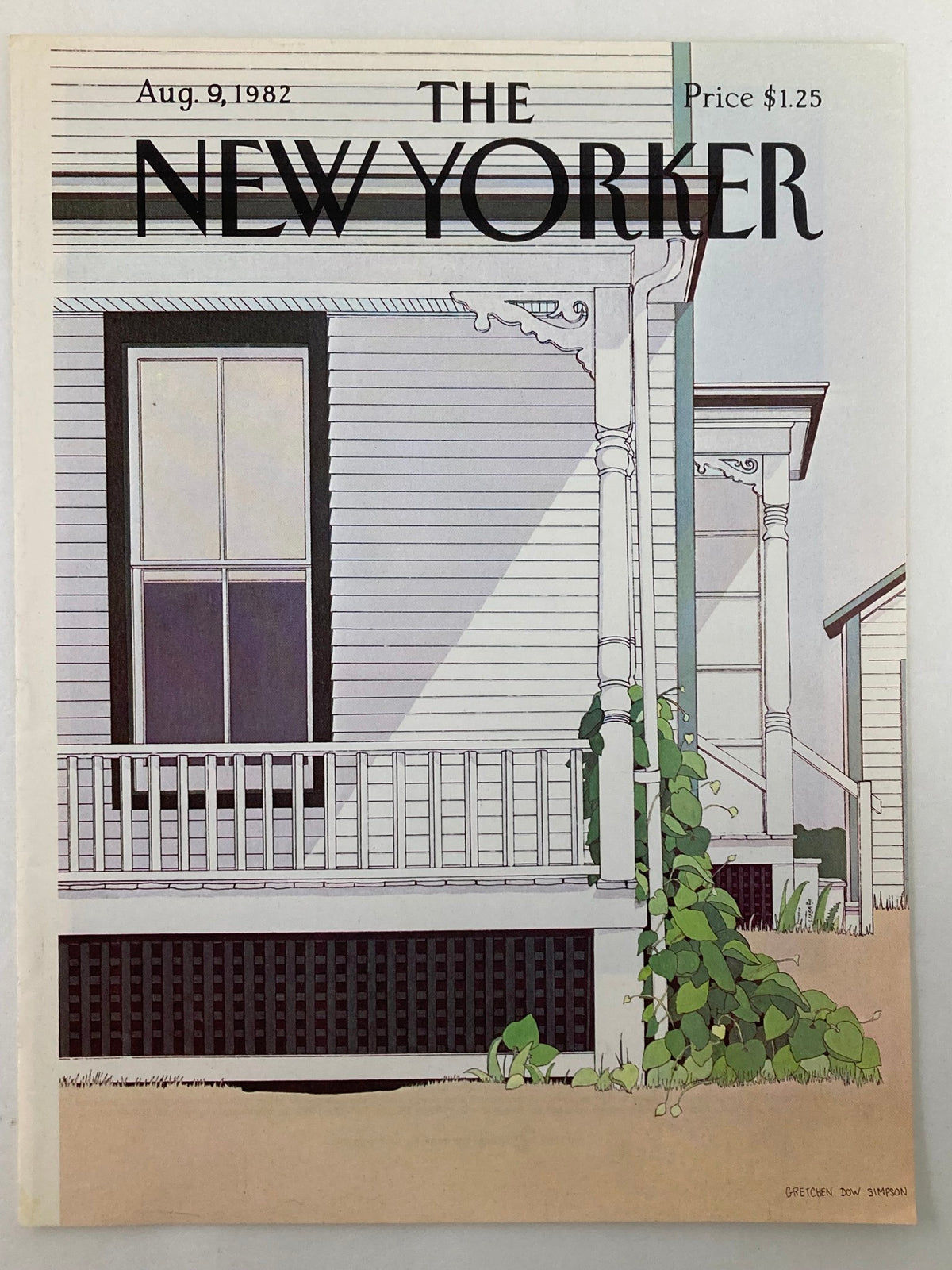 The New Yorker magazine cover from August 9, 1982, showcasing the illustration 'Quiet Neighbor' by Gretchen Dow. The image highlights a charming house with a porch and lush vines.