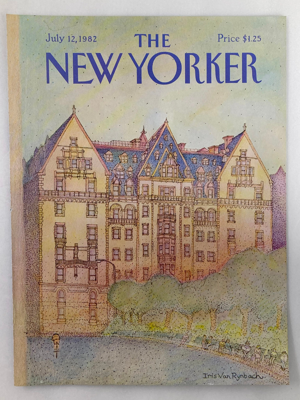 The New Yorker Cover from July 12, 1982 by Iris Van Rybach featuring an artistic depiction of urban life with a classic building and pedestrians, perfect for collectors.