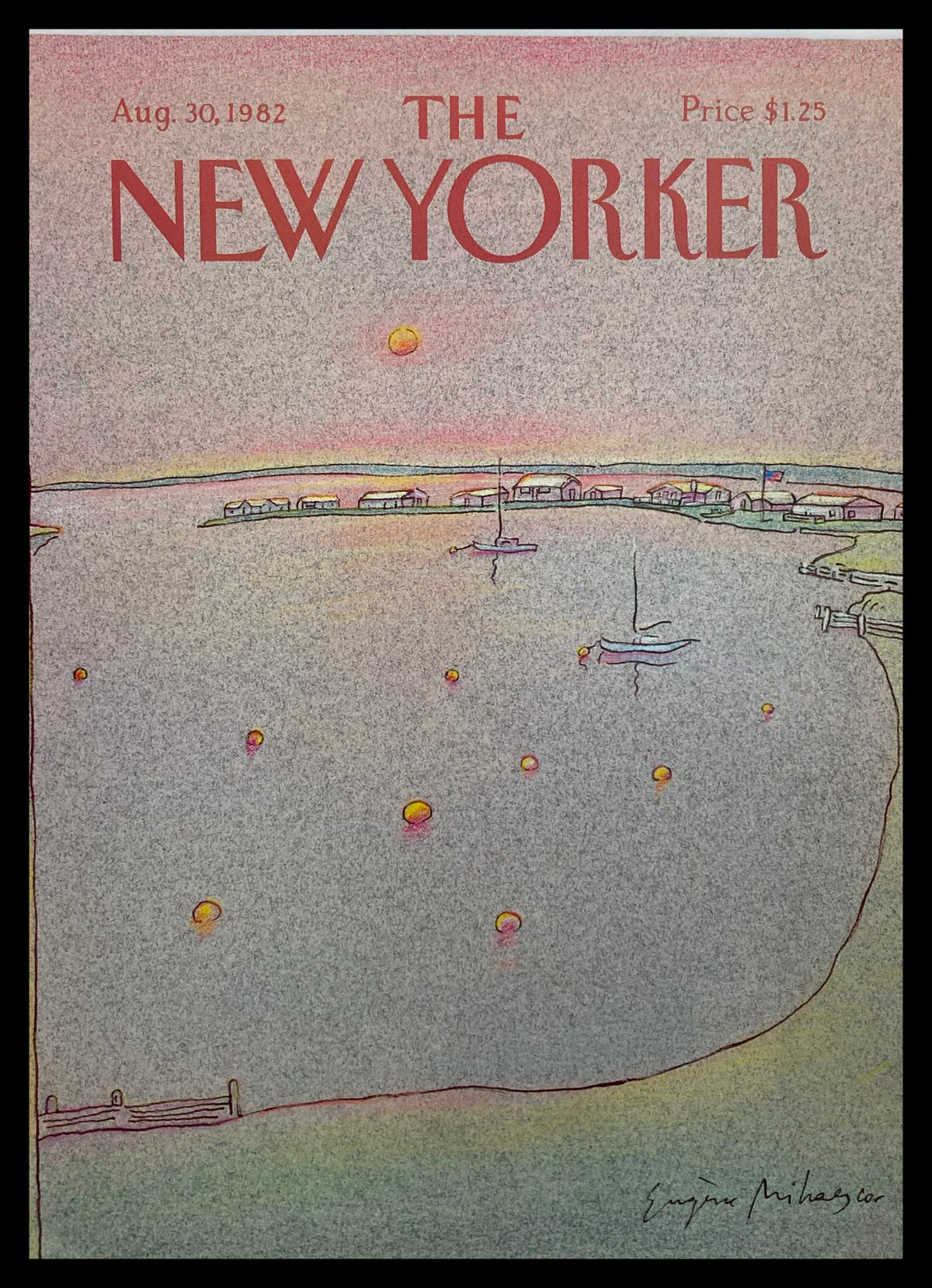 Cover of The New Yorker, August 30, 1982, titled 'Sail Away' by Eugene Mihaesco, featuring a serene seascape with boats and a sunset.