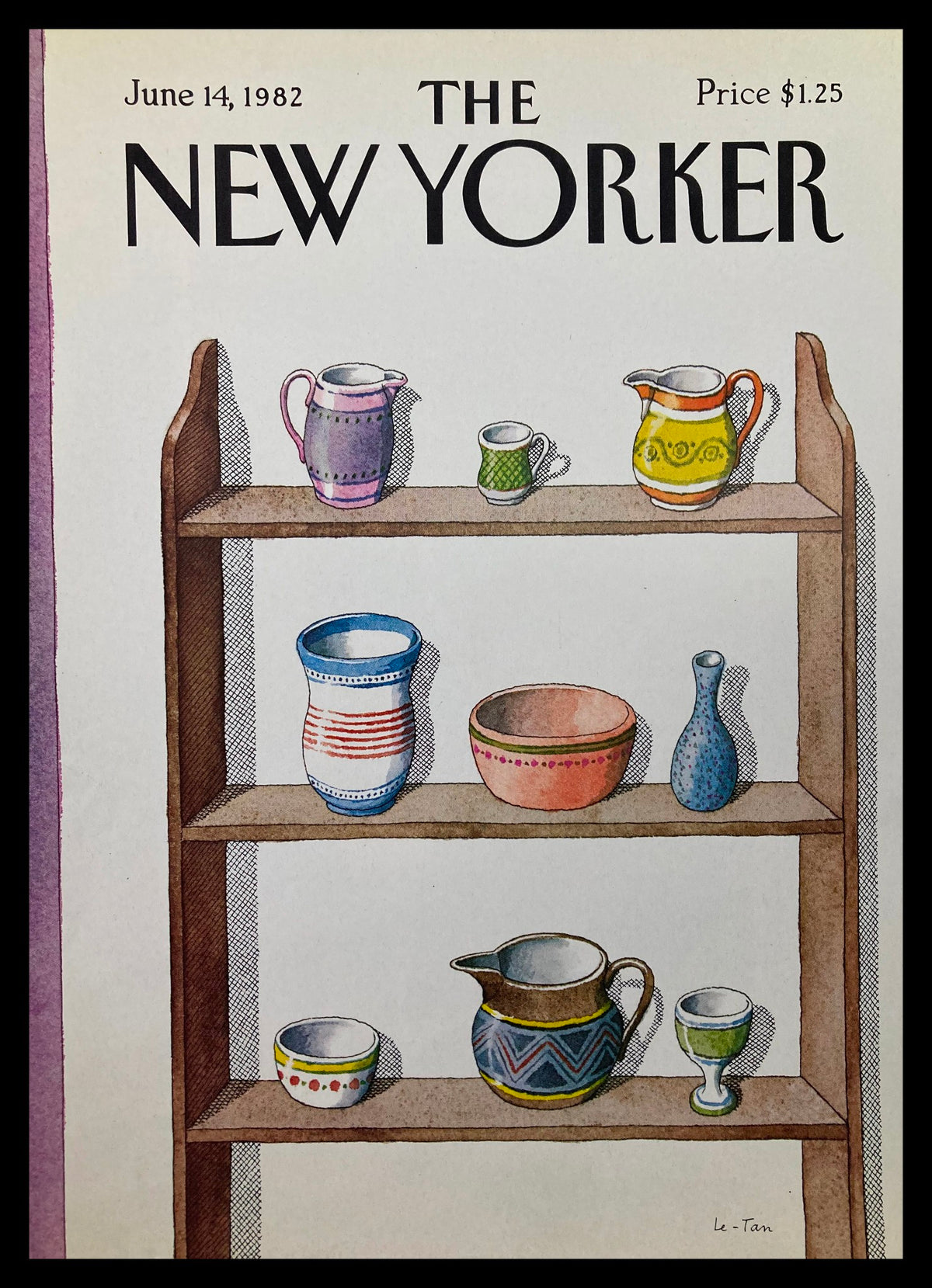 COVER ONLY The New Yorker June 14 1982 Deck of Jars by Pierre Le-Tan featuring colorful pottery items on a wooden shelf, showcasing vintage art style.