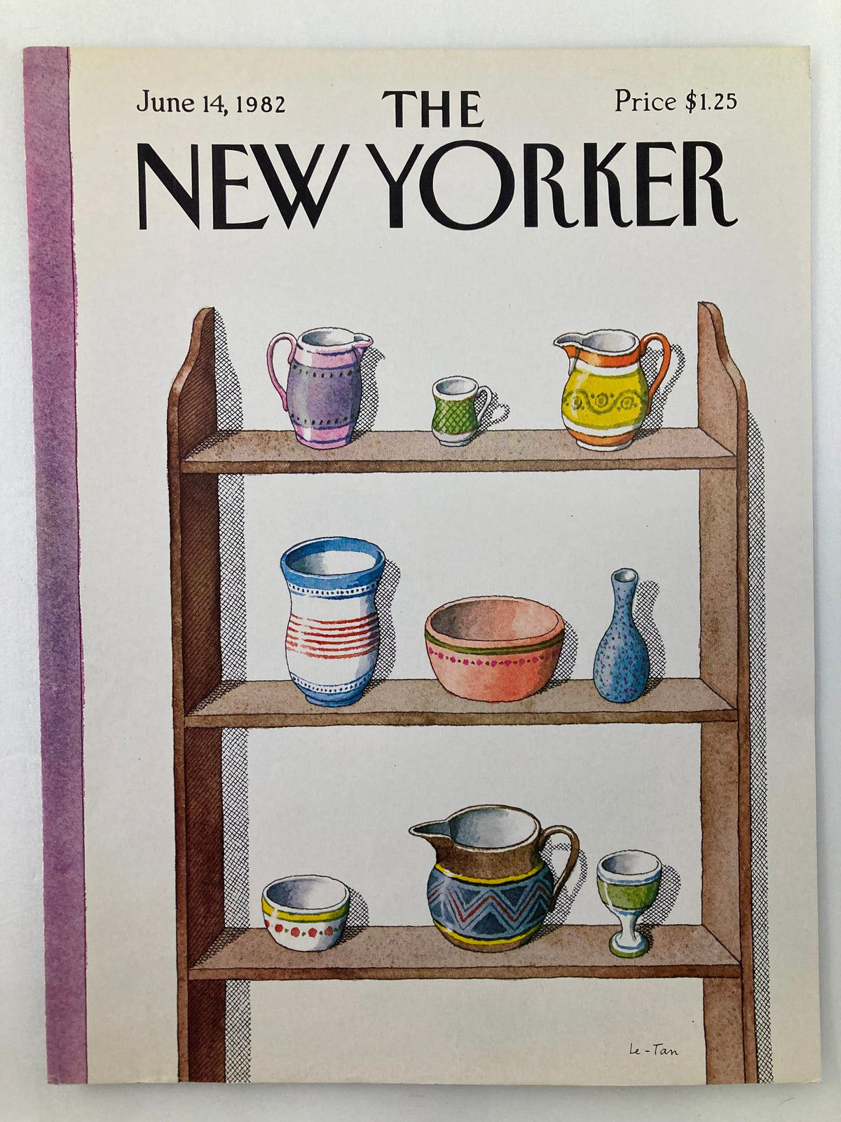 COVER ONLY The New Yorker June 14 1982 Deck of Jars by Pierre Le-Tan displaying various decorative jars and mugs on a shelf, highlighting artistic design from 1982.