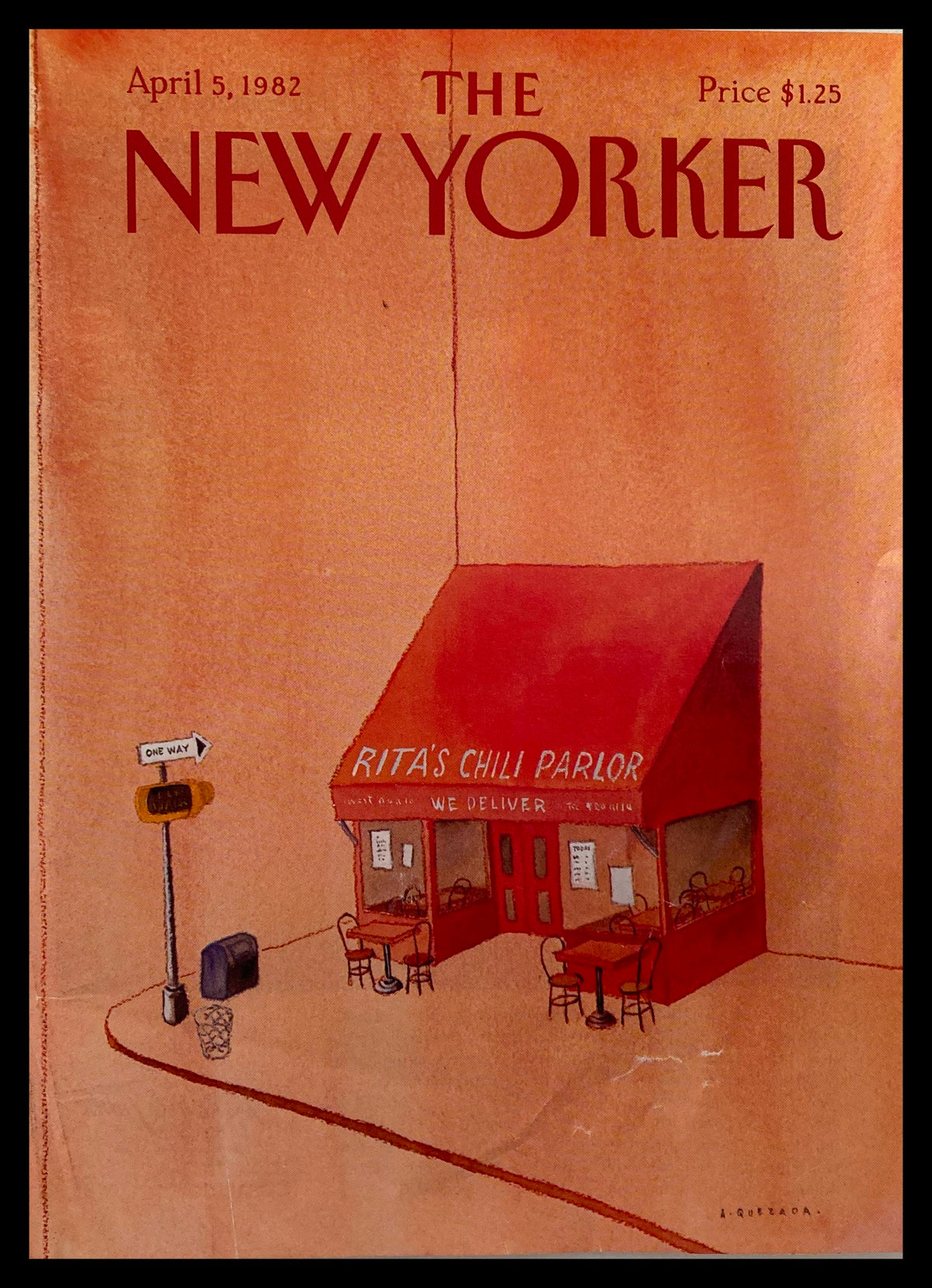 Cover of The New Yorker April 5, 1982 featuring a whimsical illustration of Rita's Chili Parlor with a prominent red awning and outdoor seating, showcasing the magazine's unique art style.