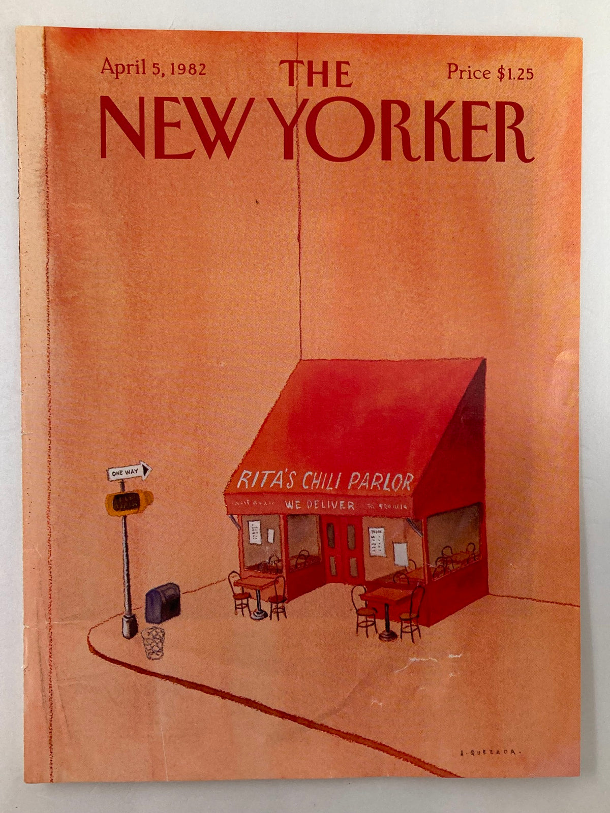 The New Yorker April 5, 1982 cover displaying Rita's Chili Parlor, illustrated with a warm color palette and sign that highlights its delivery service, capturing the charm of local eateries.