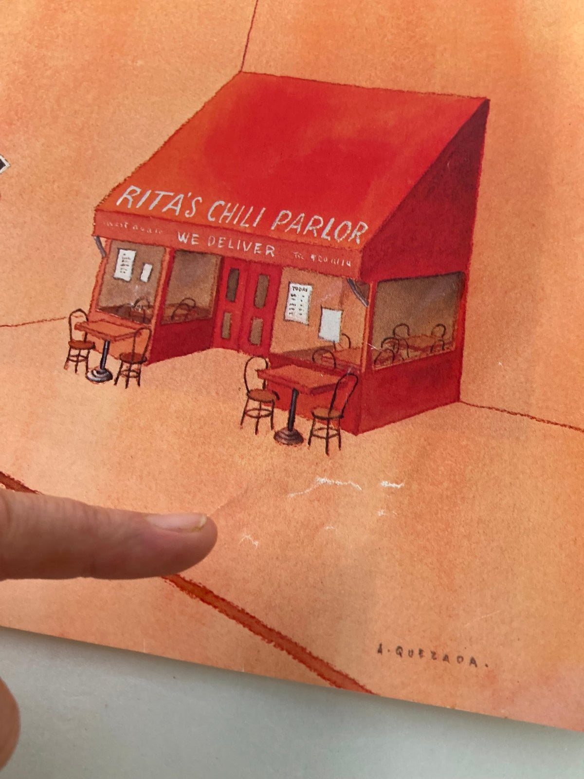 Close-up of the cover of The New Yorker April 5, 1982, focusing on Rita's Chili Parlor sign and outdoor tables, emphasizing the detailed artwork by Abel Quezada.