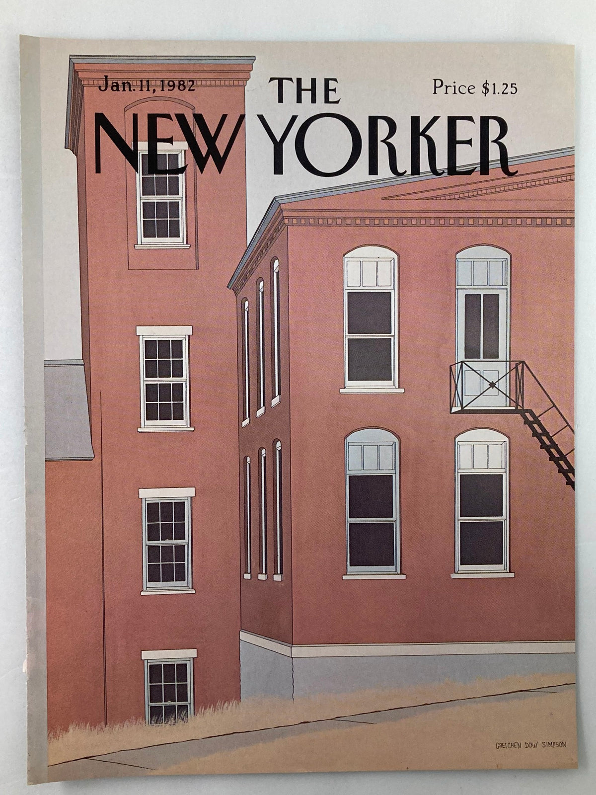 The New Yorker cover January 11 1982 with artwork by Gretchen Simpson, depicting a charming urban building scene with a vintage aesthetic.