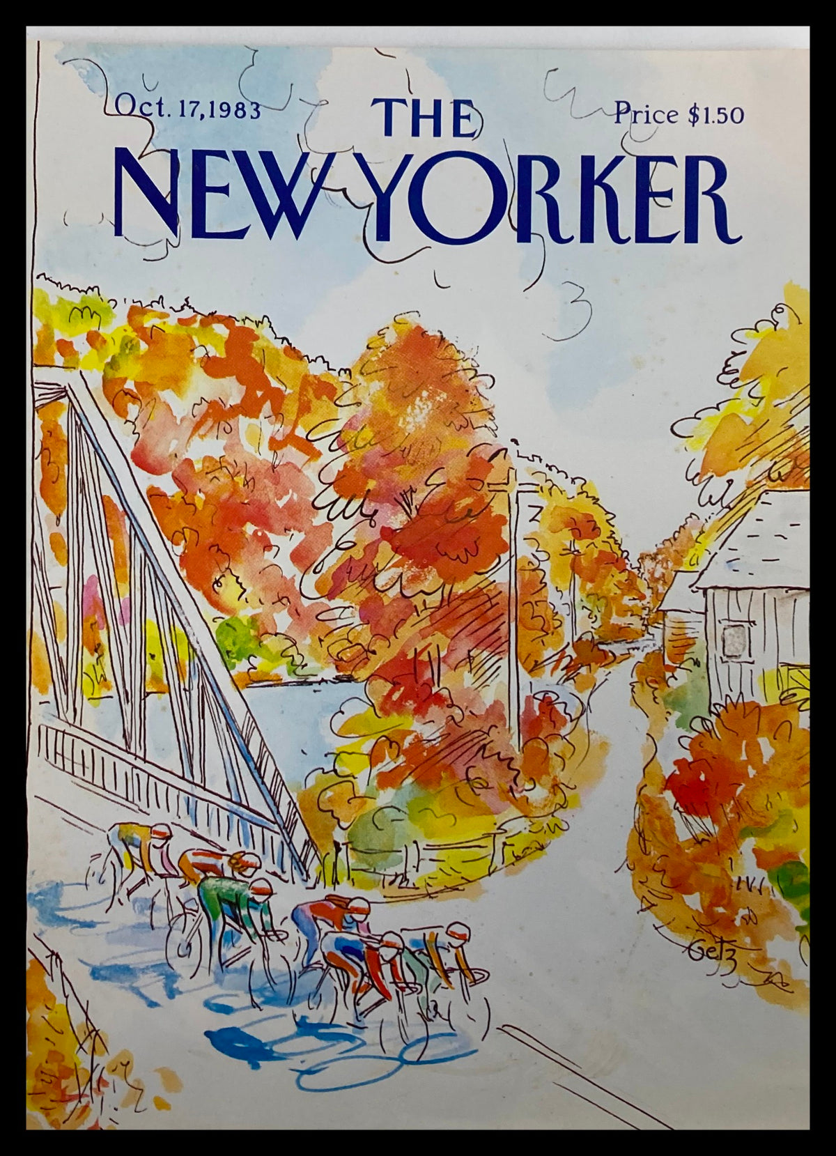 Cover only The New Yorker October 17 1983 featuring a vibrant illustration of cyclists riding through an autumn landscape with colorful trees and a bridge.