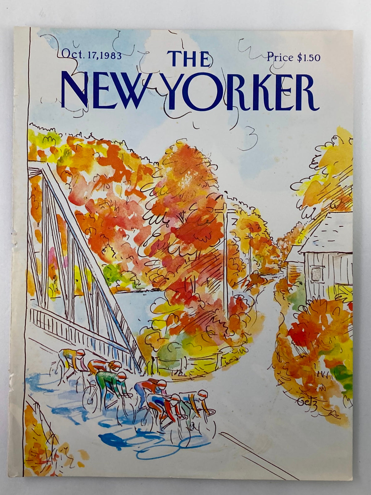 Cover only The New Yorker October 17 1983 showcasing an artistic depiction of bicyclists in a picturesque fall scenery, highlighting a bridge and charming houses.