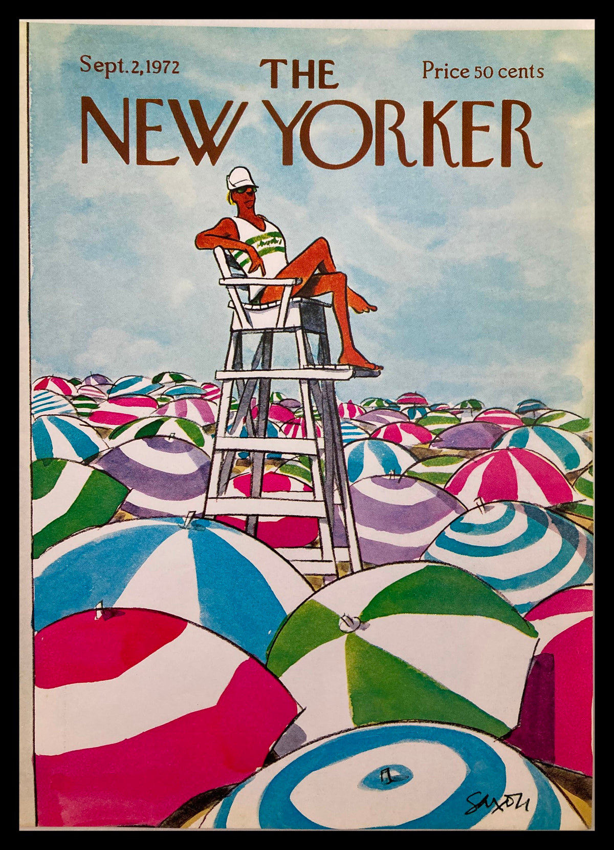 Cover of The New Yorker September 2, 1972 featuring a lifeguard by Charles Saxon, illustrated with colorful beach umbrellas in the background.