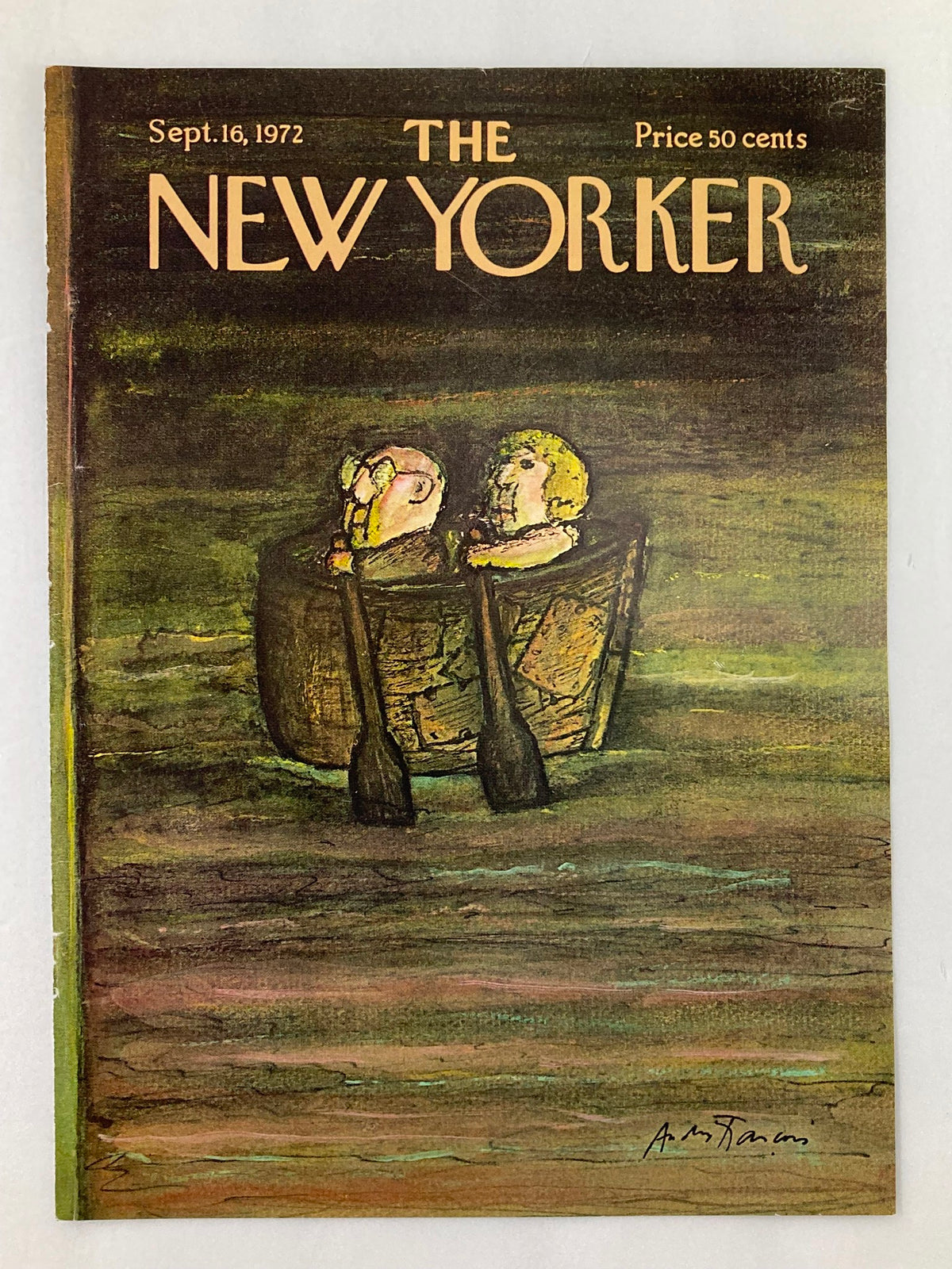 Cover only of The New Yorker magazine from September 16, 1972, showcasing a couple seated in a boat, illustrated by Francois. The cover features the magazine's title and a price tag of 50 cents.