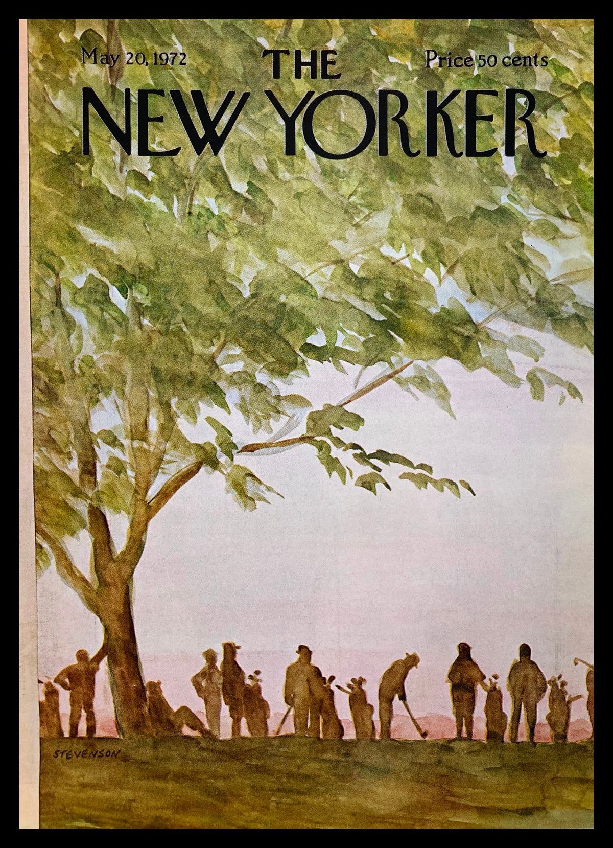 Cover of The New Yorker magazine from May 20, 1972, featuring a watercolor illustration by James Stevenson depicting silhouettes of golfers under a leafy tree.