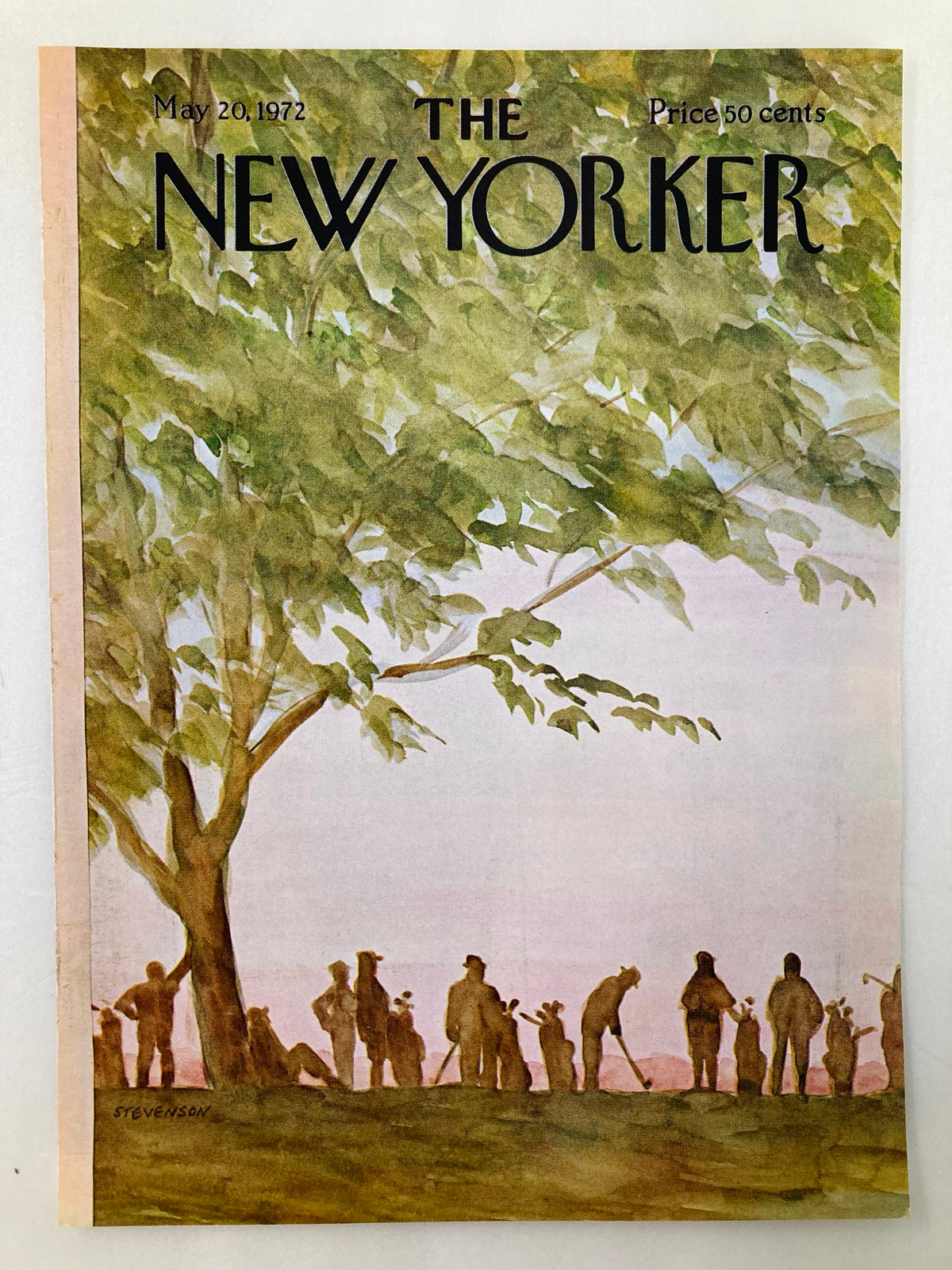 Cover of The New Yorker magazine dated May 20, 1972, showcasing a watercolor art by James Stevenson, illustrating the silhouettes of people golfing amidst a backdrop of lush greenery.