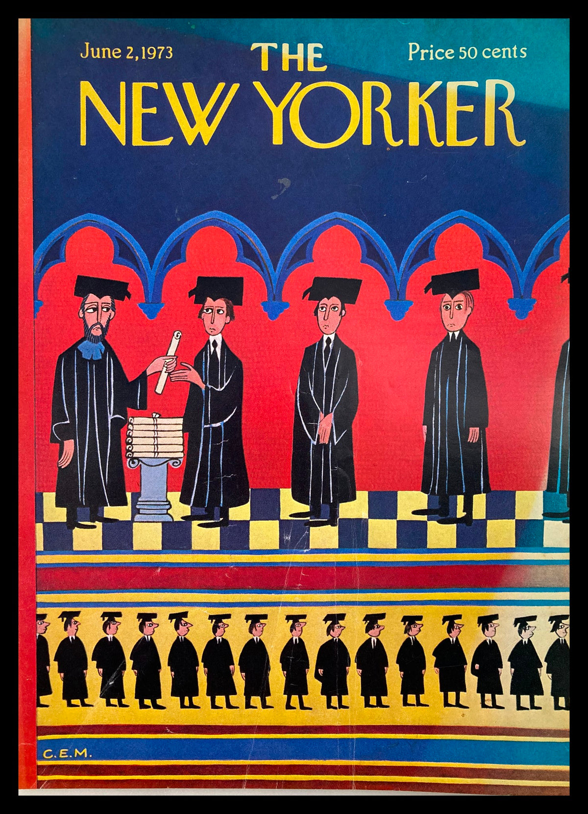 Cover of The New Yorker magazine dated June 2, 1973, titled 'Graduates' by Charles E. Martin, featuring a colorful illustration of graduates in caps and gowns.