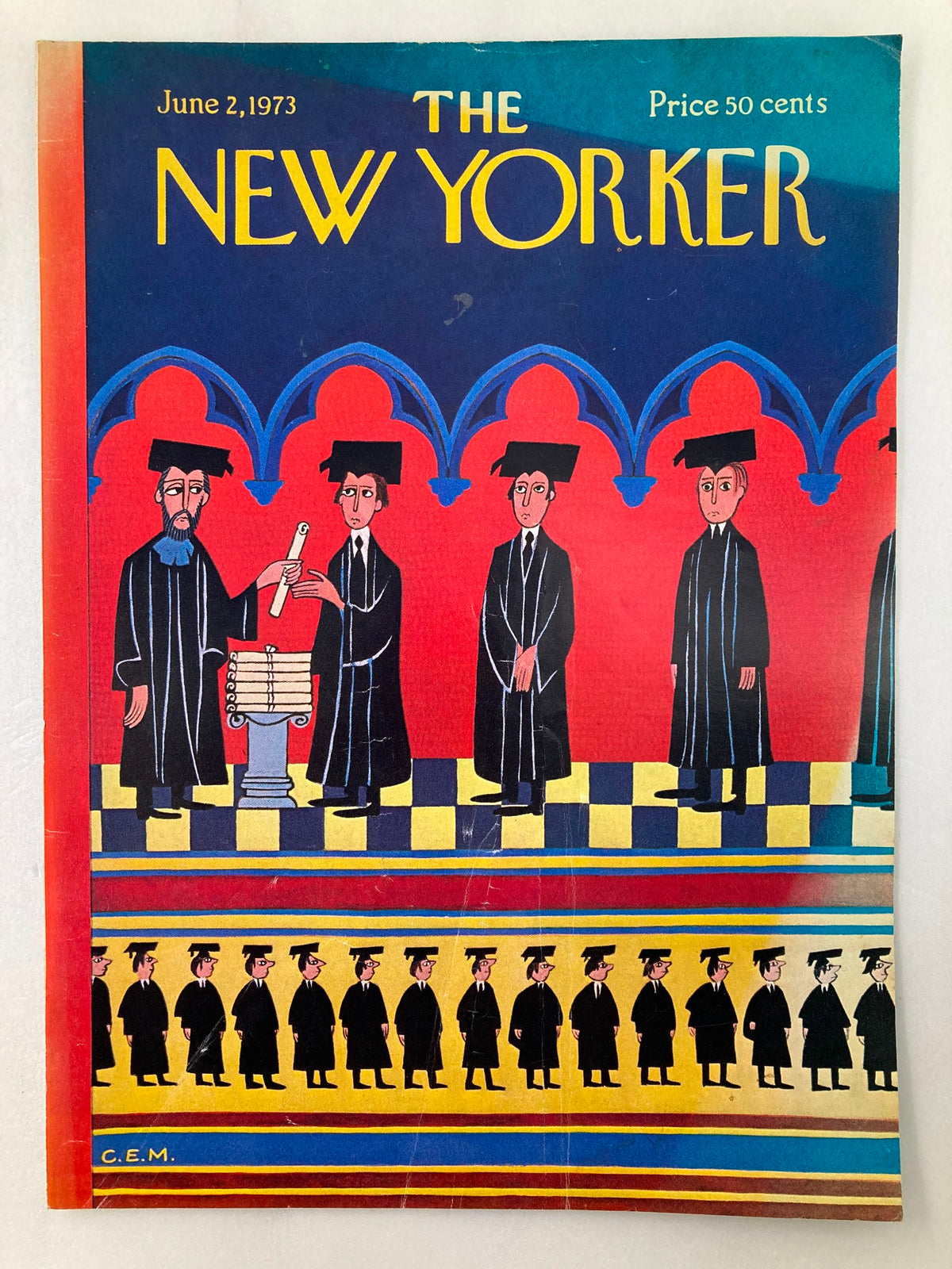 Cover of The New Yorker magazine from June 2, 1973, titled 'Graduates' by Charles E. Martin, displaying a vibrant artwork depicting a graduation scene.