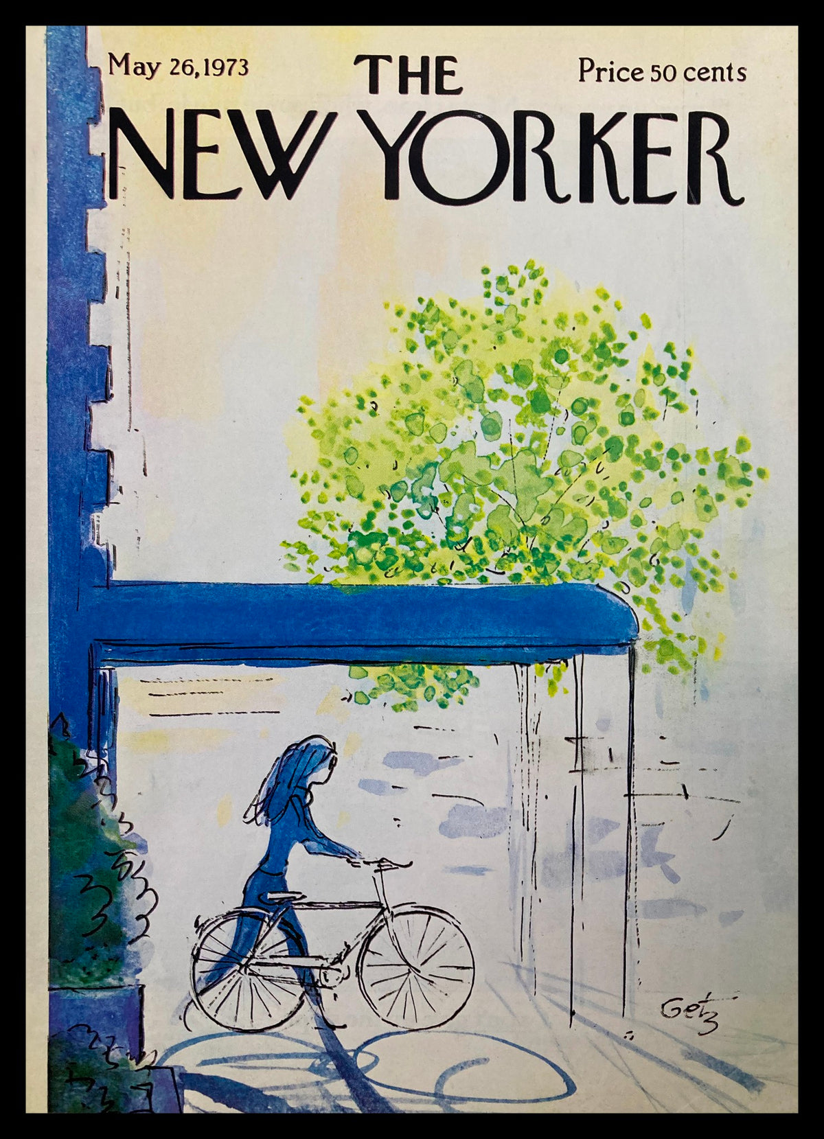 Cover of The New Yorker from May 26, 1973, titled 'Out For Ride' by Arthur Getz, featuring an illustration of a woman riding a bicycle under a blue awning with greenery in the background.