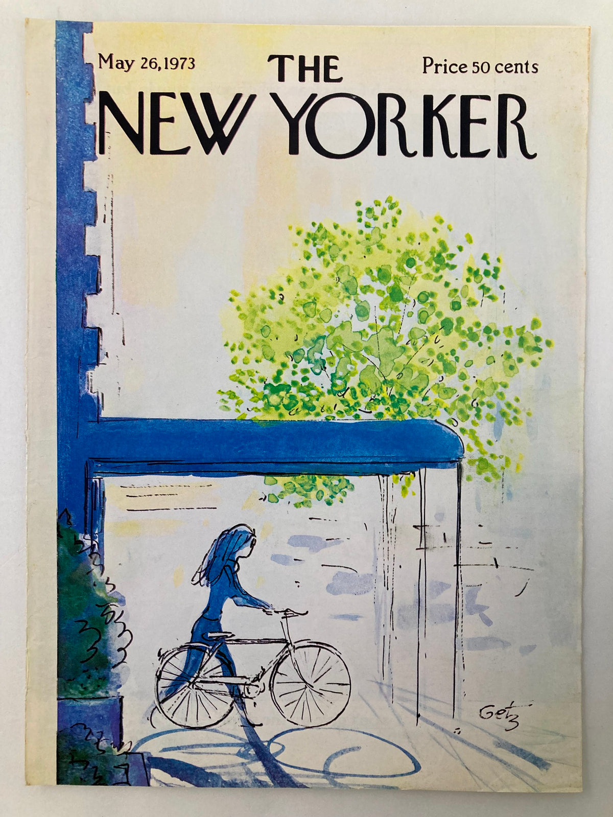 Cover of The New Yorker May 26, 1973, titled 'Out For Ride' by Arthur Getz, depicting a woman on a bicycle with a blue awning and trees, showcasing vibrant colors and whimsical illustration.