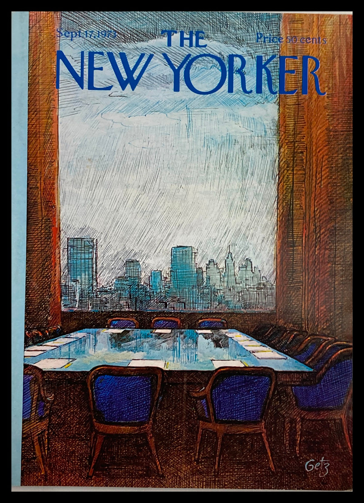 COVER ONLY The New Yorker September 17, 1973, featuring the artistic 'Board Meeting' illustration by A. Getz, showcasing a conference room with a view of a city skyline.