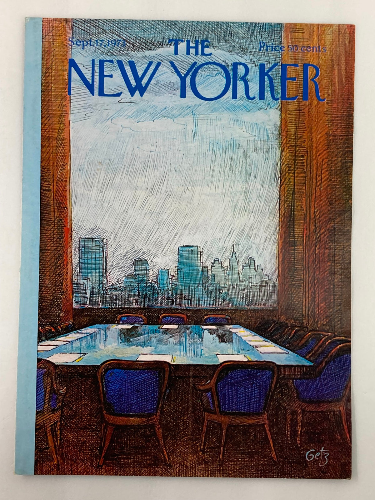 COVER ONLY The New Yorker September 17 1973 Board Meeting by A. Getz, featuring a colorful illustration of a boardroom with a view of the city skyline, capturing the artistic style of the early '70s.